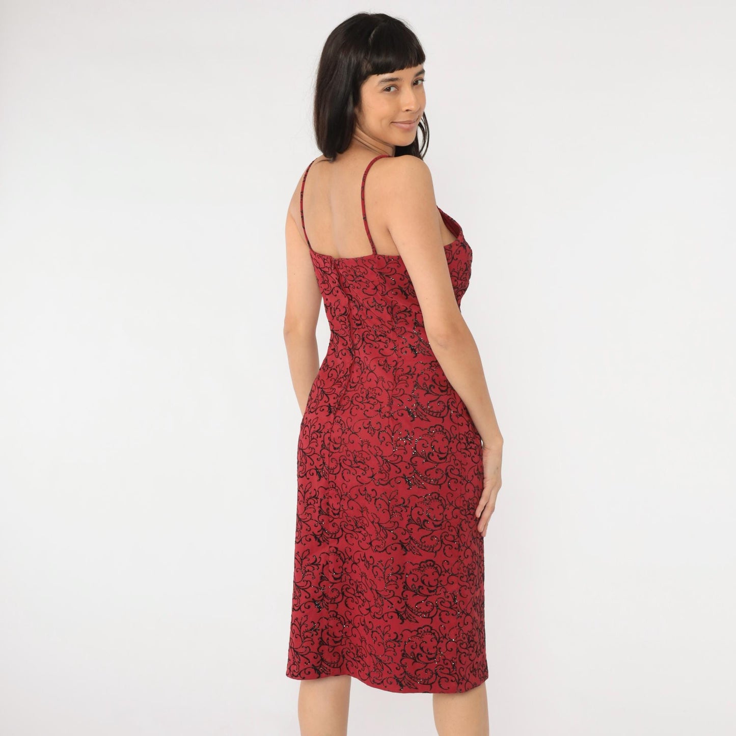 90s La Belle Red Floral Midi Dress Glittery Flocked Empire Waist Medium
