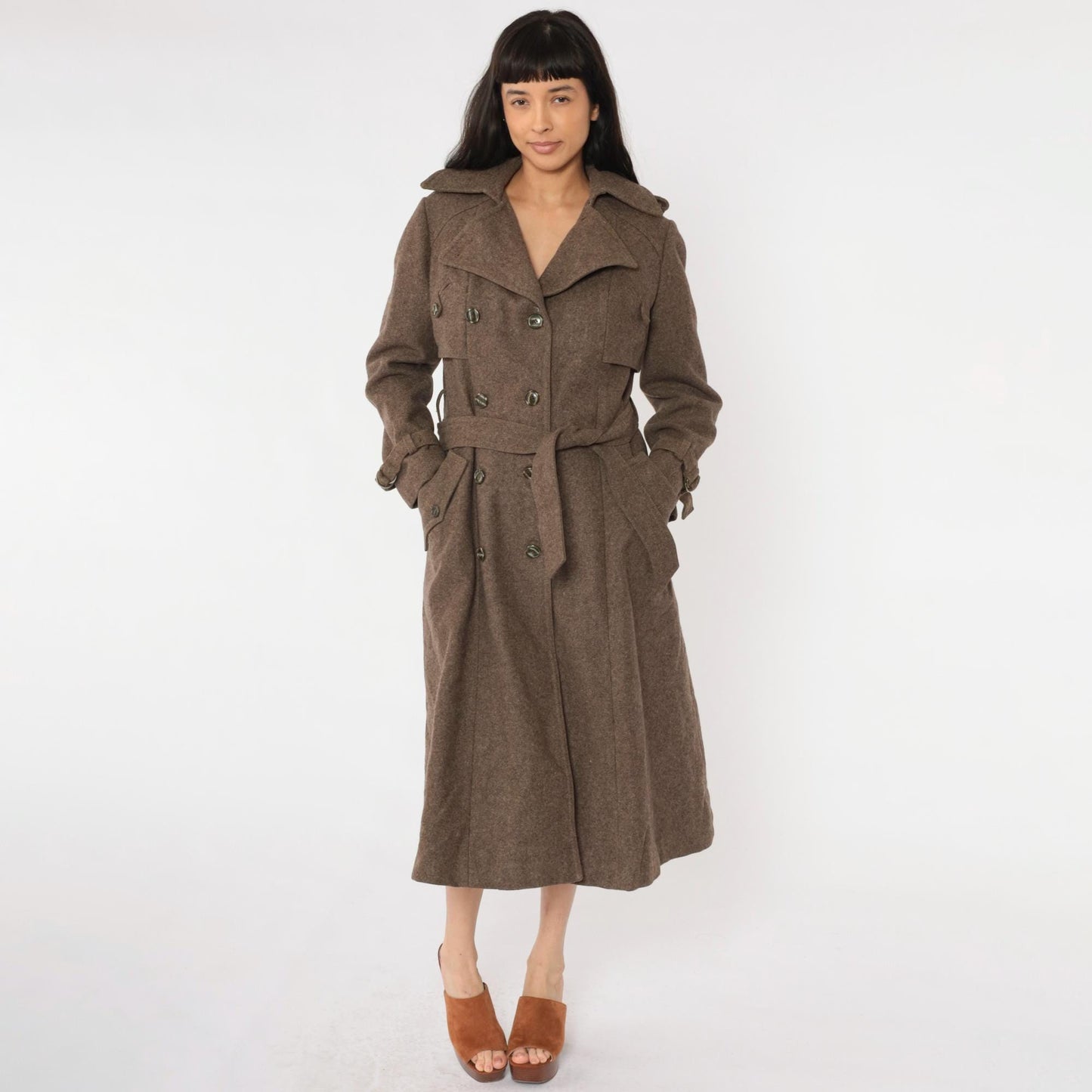 1960s Brown Wool Trench Coat Double Breasted Belted Midi Medium M