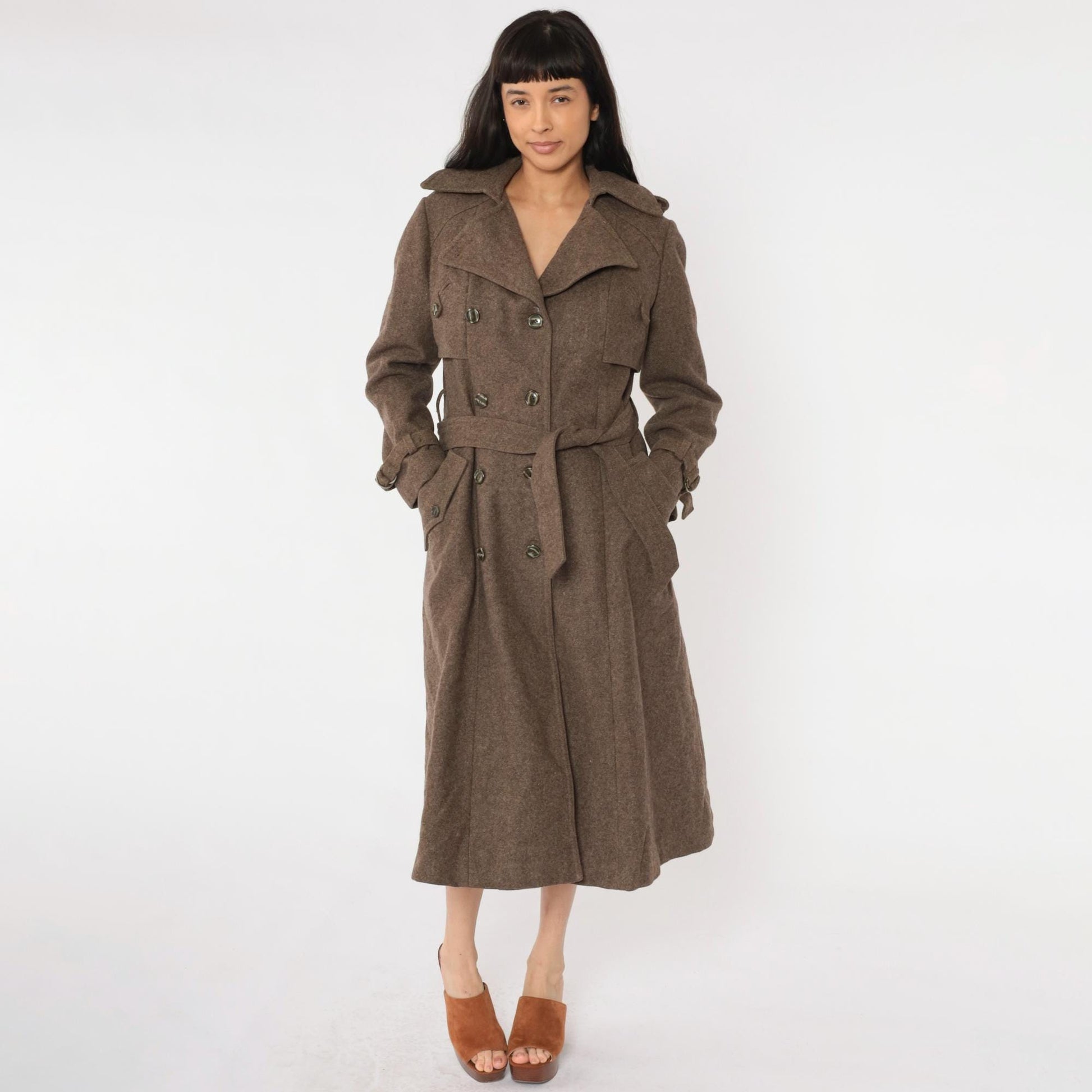 1960s Brown Wool Trench Coat Double Breasted Belted Midi Medium M