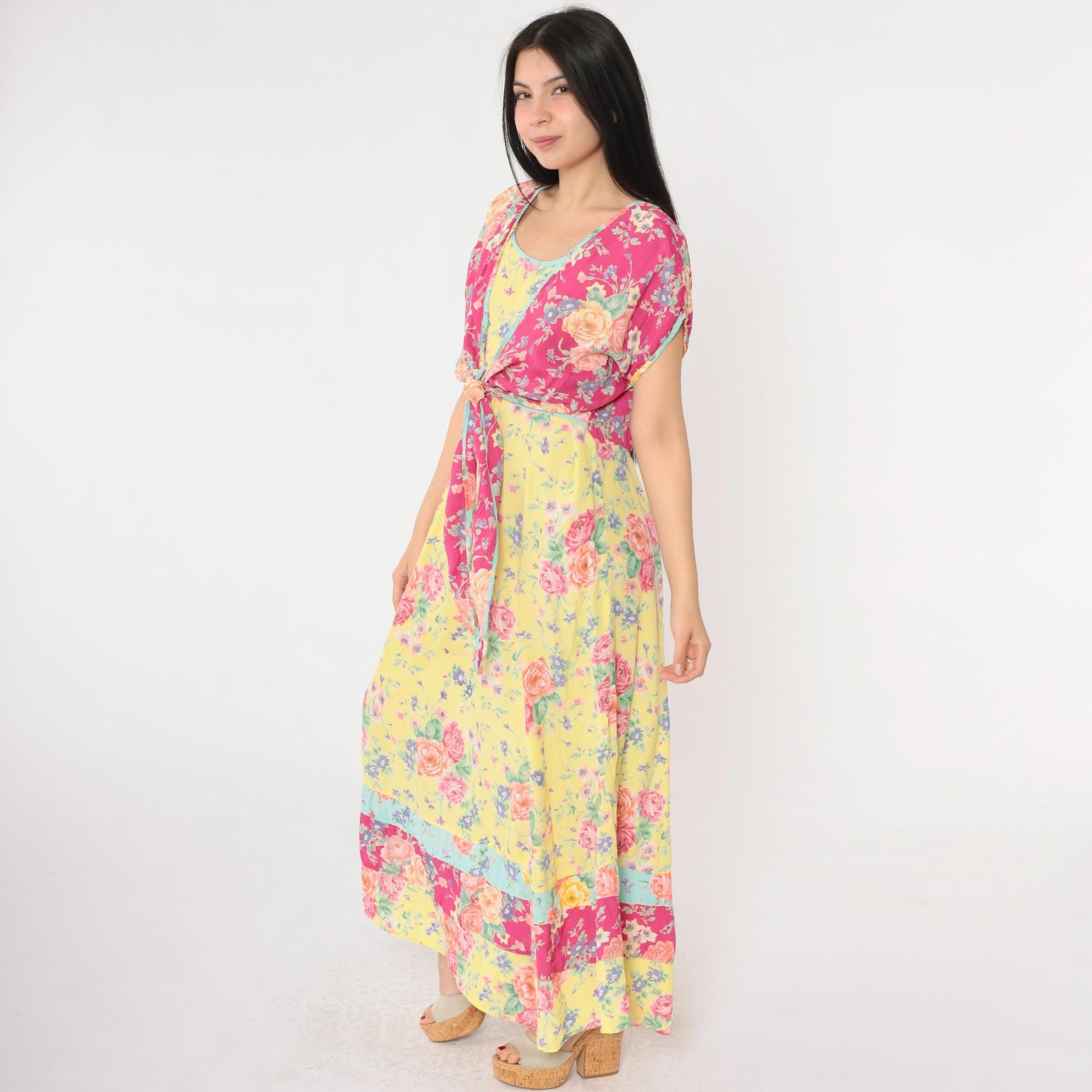 90s Bila Floral Maxi Dress Yellow Pink Rayon Tie Overlay Scoop Neck Large L