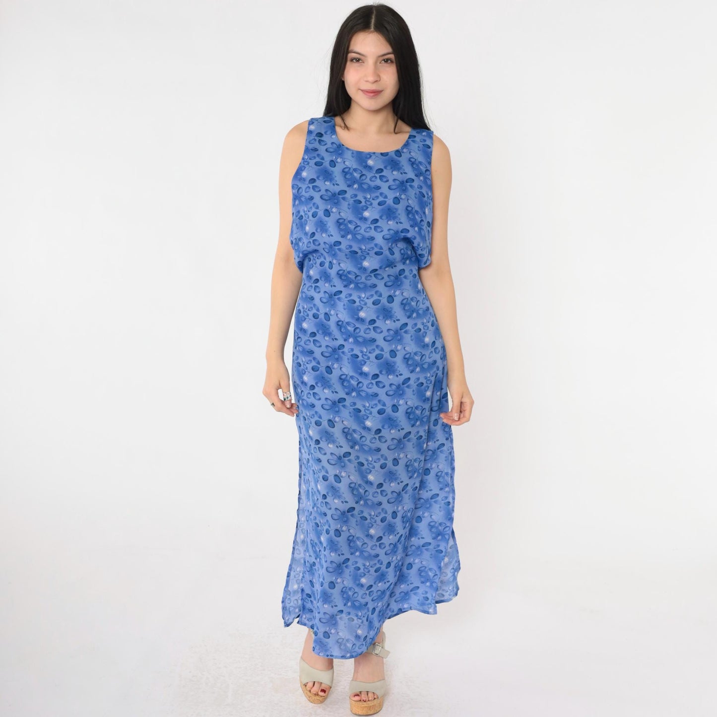 90s Blue Floral Maxi Dress with Matching Shawl Sleeveless Medium