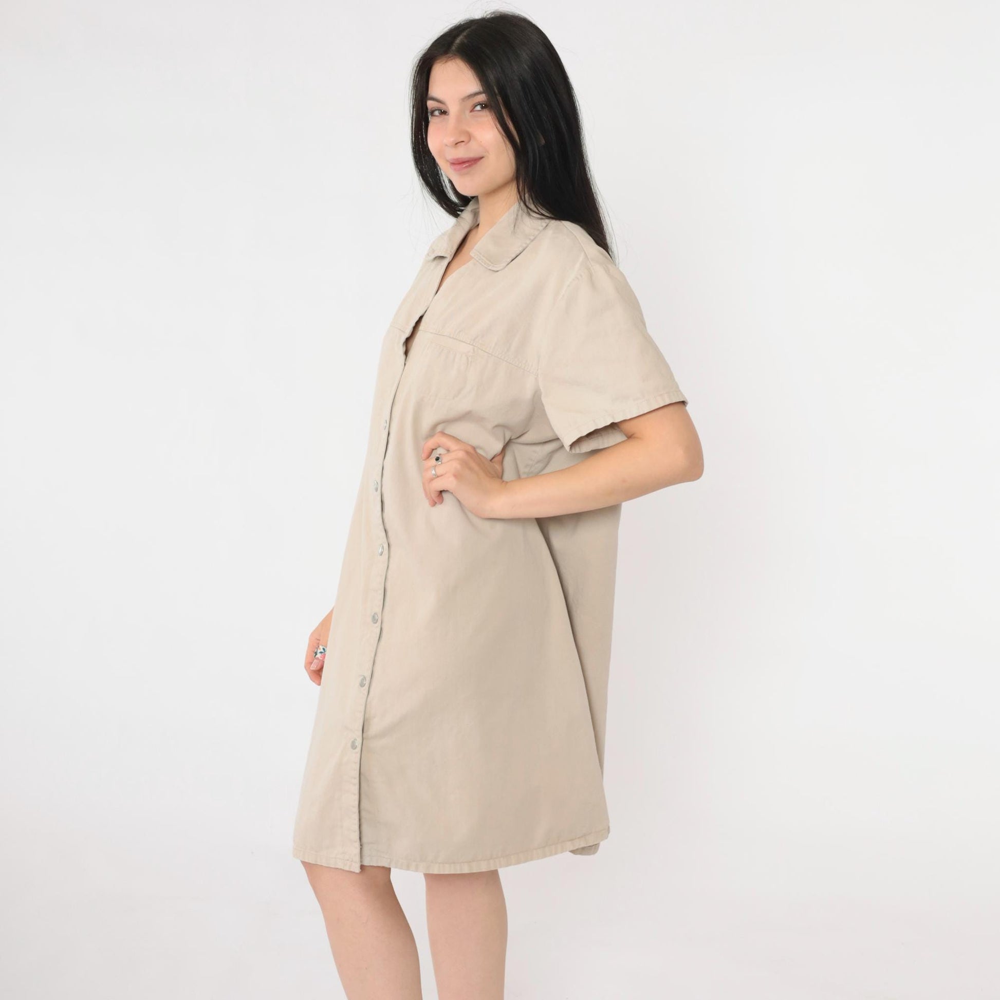90s Faded Glory Khaki Shirt Dress Cotton Twill Mini Tan XL