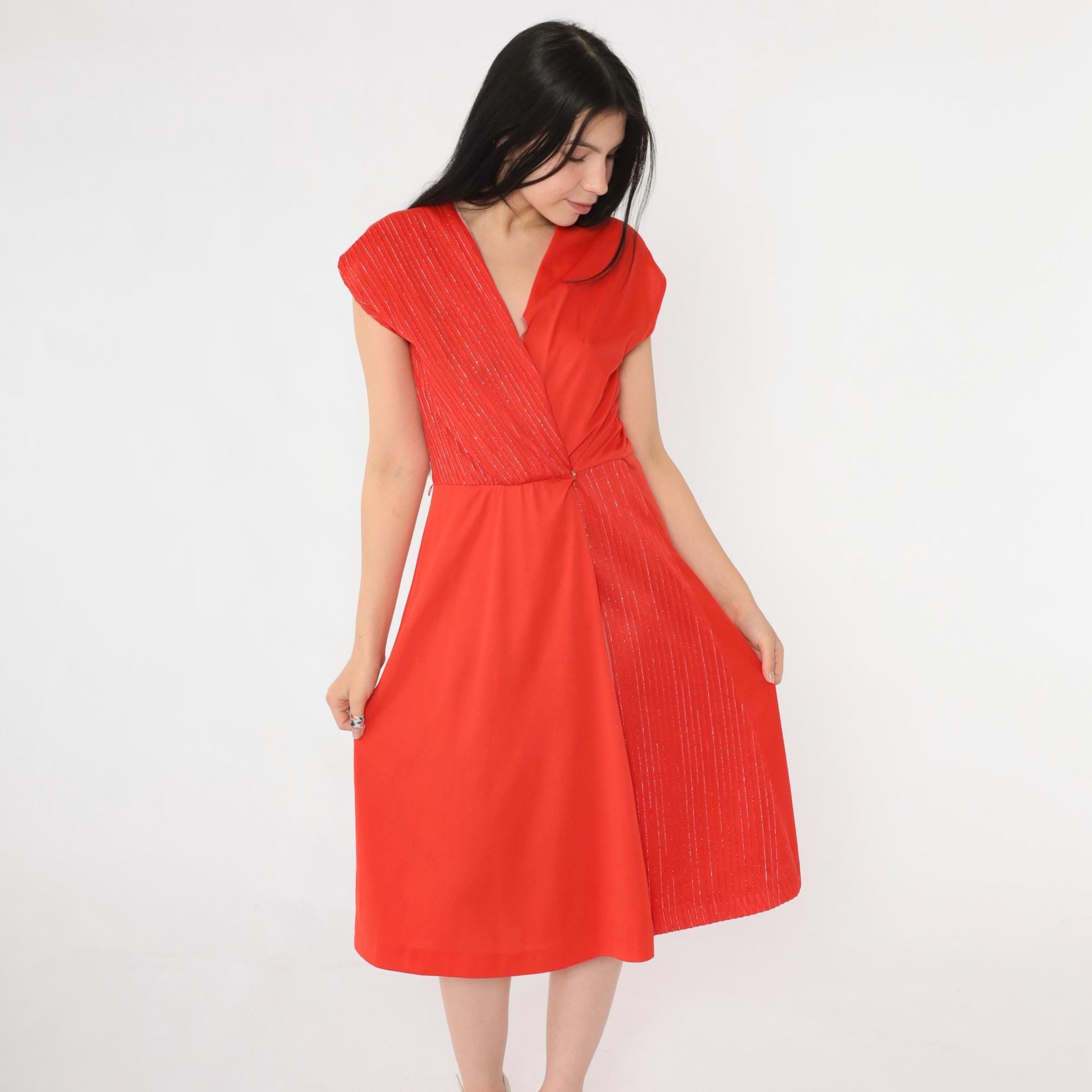 70s Red Metallic Striped Wrap Dress V Neck Midi Cap Sleeve Small
