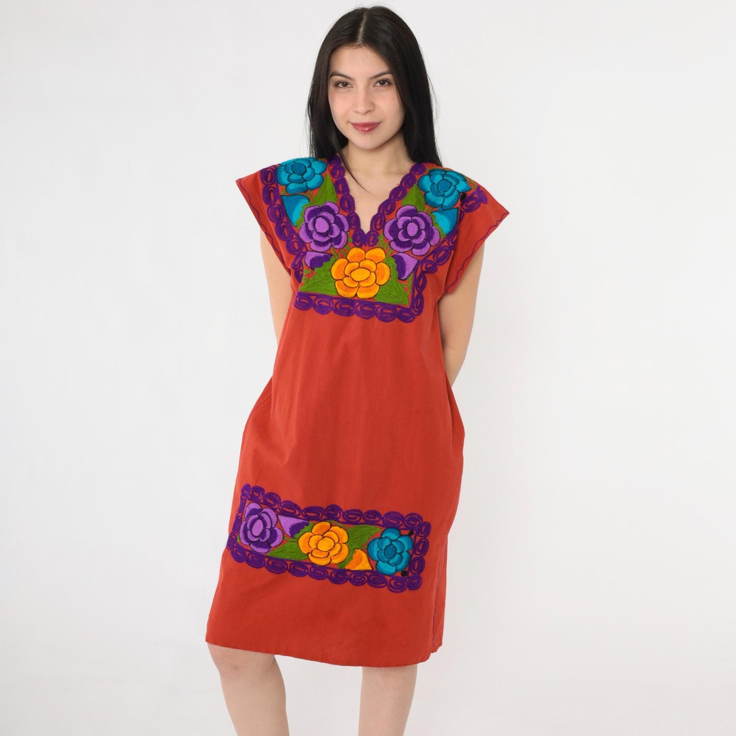 90s Red Mexican Embroidered Midi Dress Floral Tunic Cap Sleeve Medium