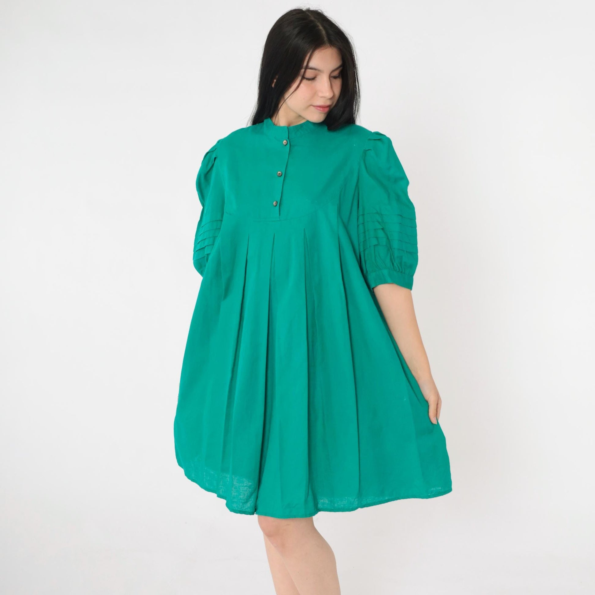 80s Jordache Green Puff Sleeve Mini Dress Pleated Tent Cut Button Bib Medium