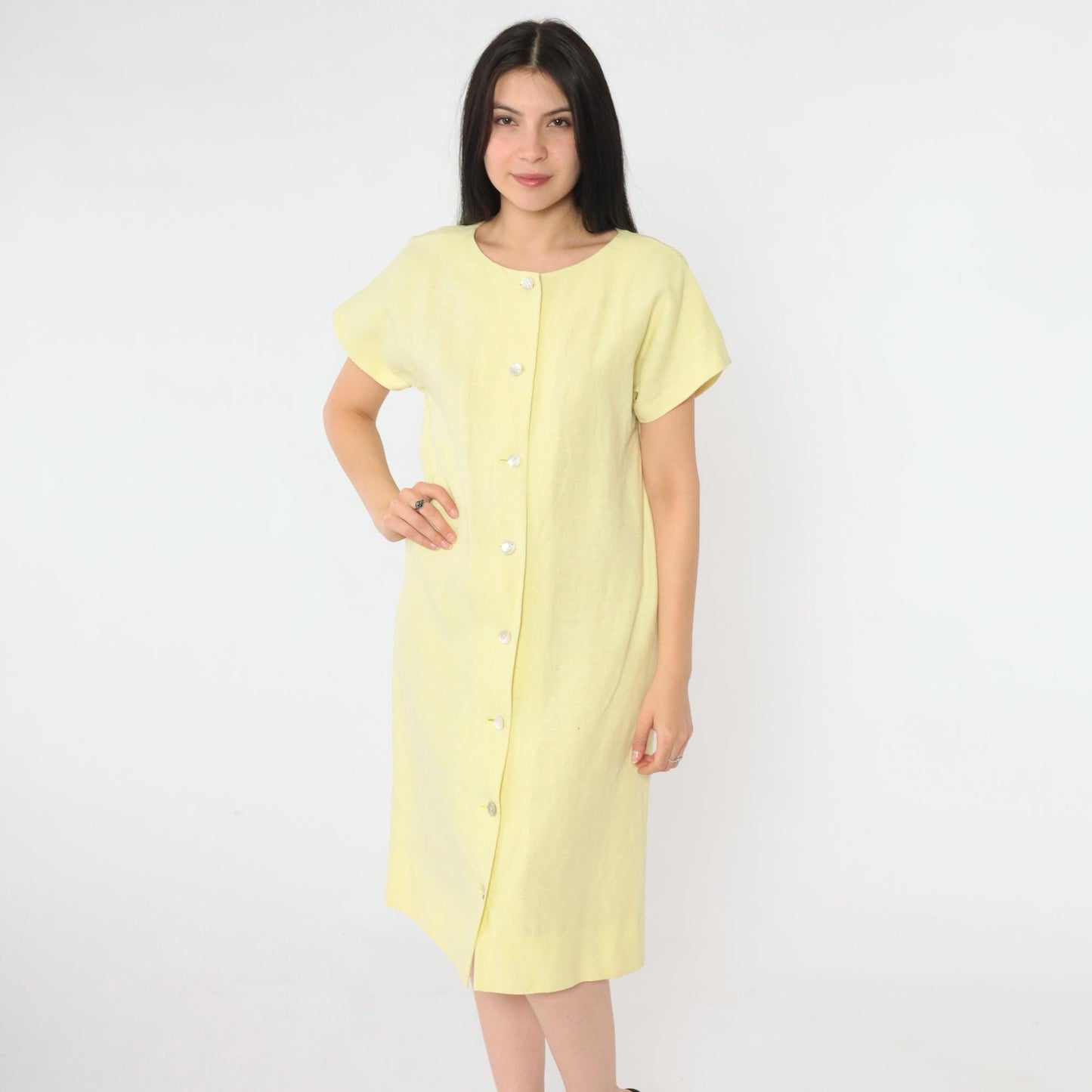 90s Yellow Linen-Look Button-Up Shift Dress Short Sleeve Small S