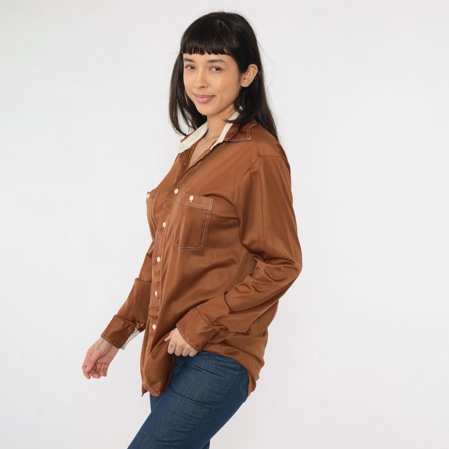 70s Mohawk Brown Dagger Collar Shirt Topstitch Long Sleeve Large