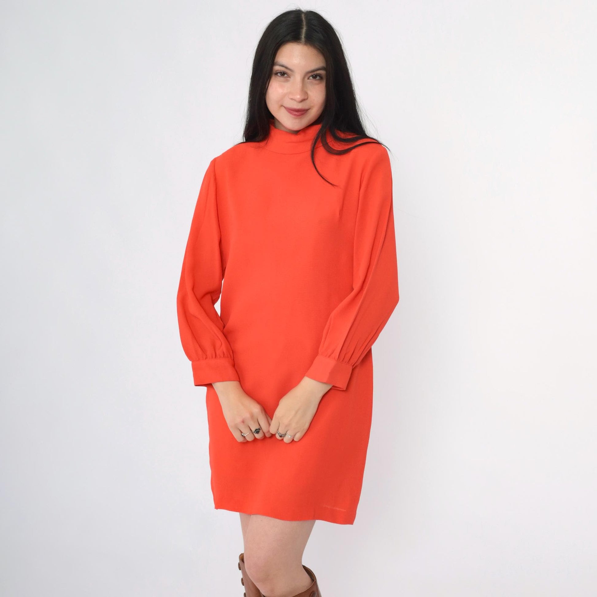 60s Orange Shift Dress Mock Neck Long Sleeve Mini Mod Space Age Small