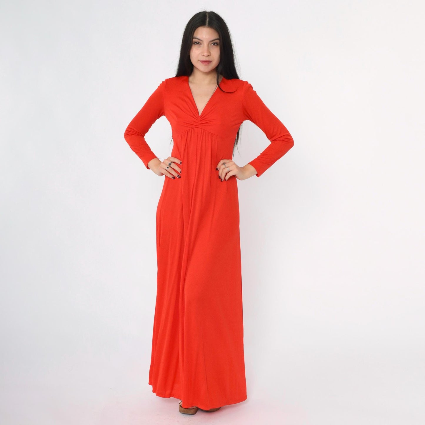70s Red Maxi Dress Empire Waist V-Neck Long Sleeve Small S