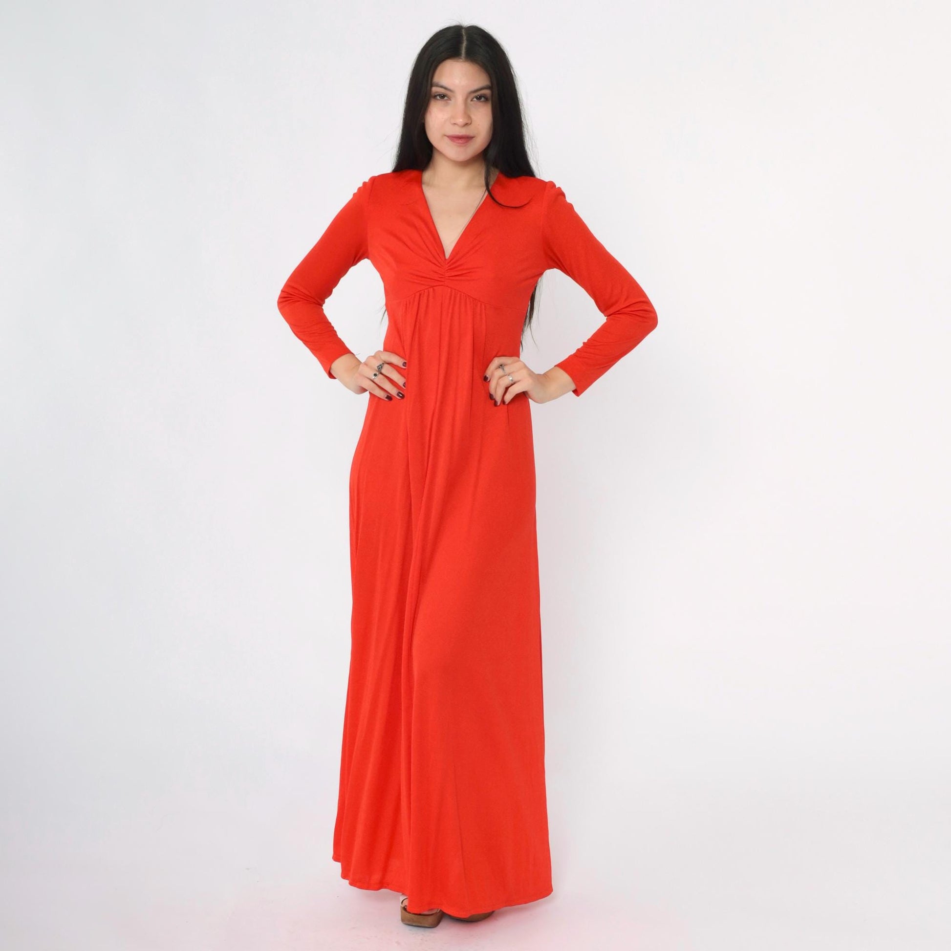 70s Red Maxi Dress Empire Waist V-Neck Long Sleeve Small S