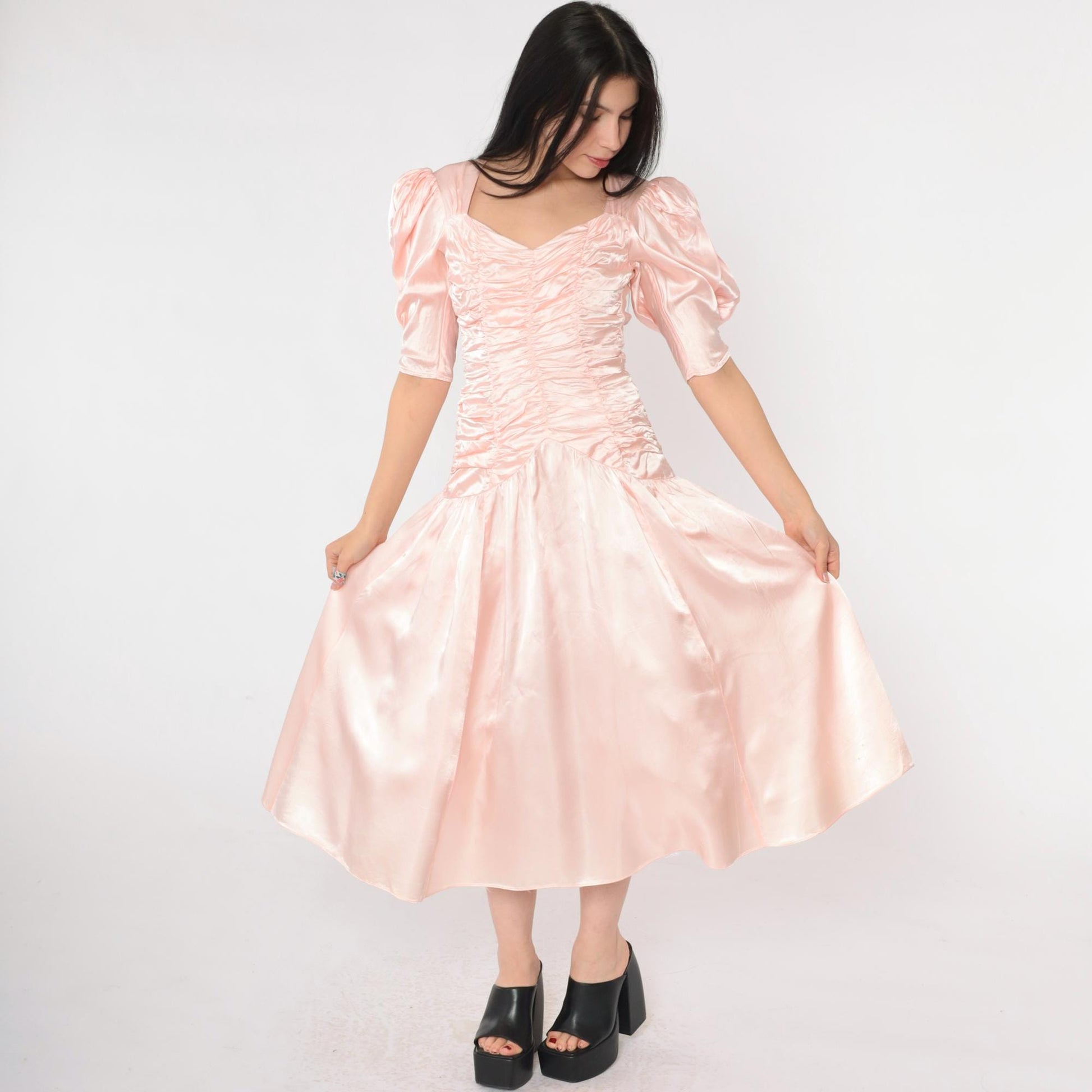 80s Jessica McClintock Gunne Sax Pink Satin Midi Dress Puff Sleeve Open Back Extra Small