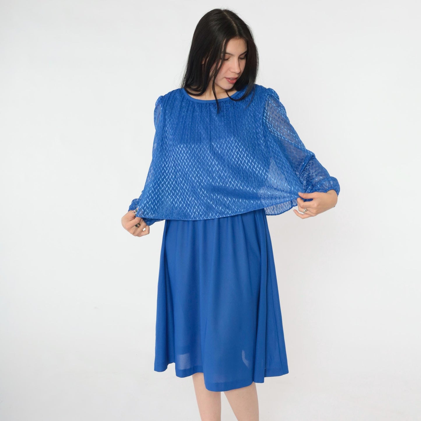 80s Royal Blue Midi Dress Puff Sleeve High Waist Pleated Bodice Small