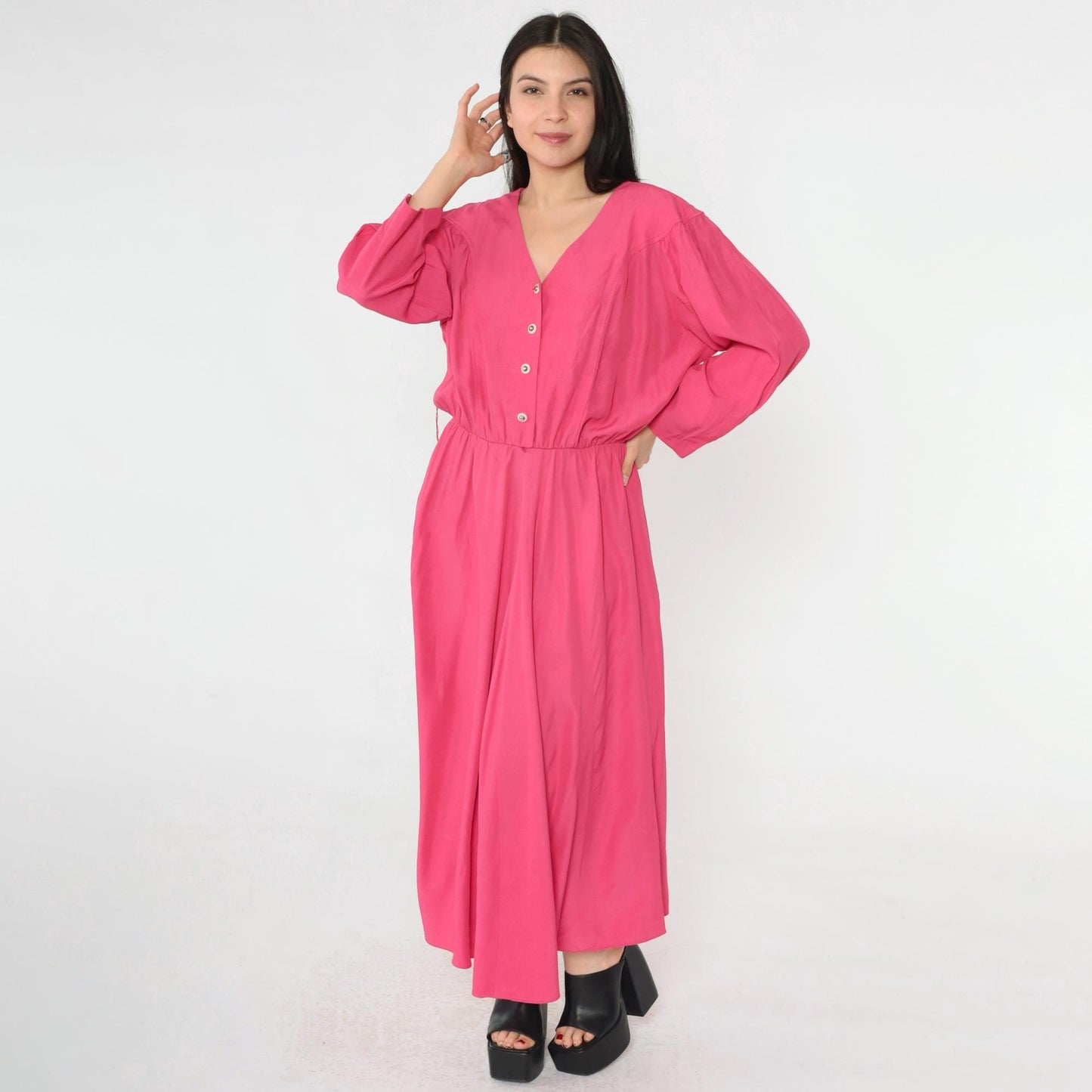80s S.L. Fashions Hot Pink Button-Up Midi Dress V-Neck Long Sleeve Large