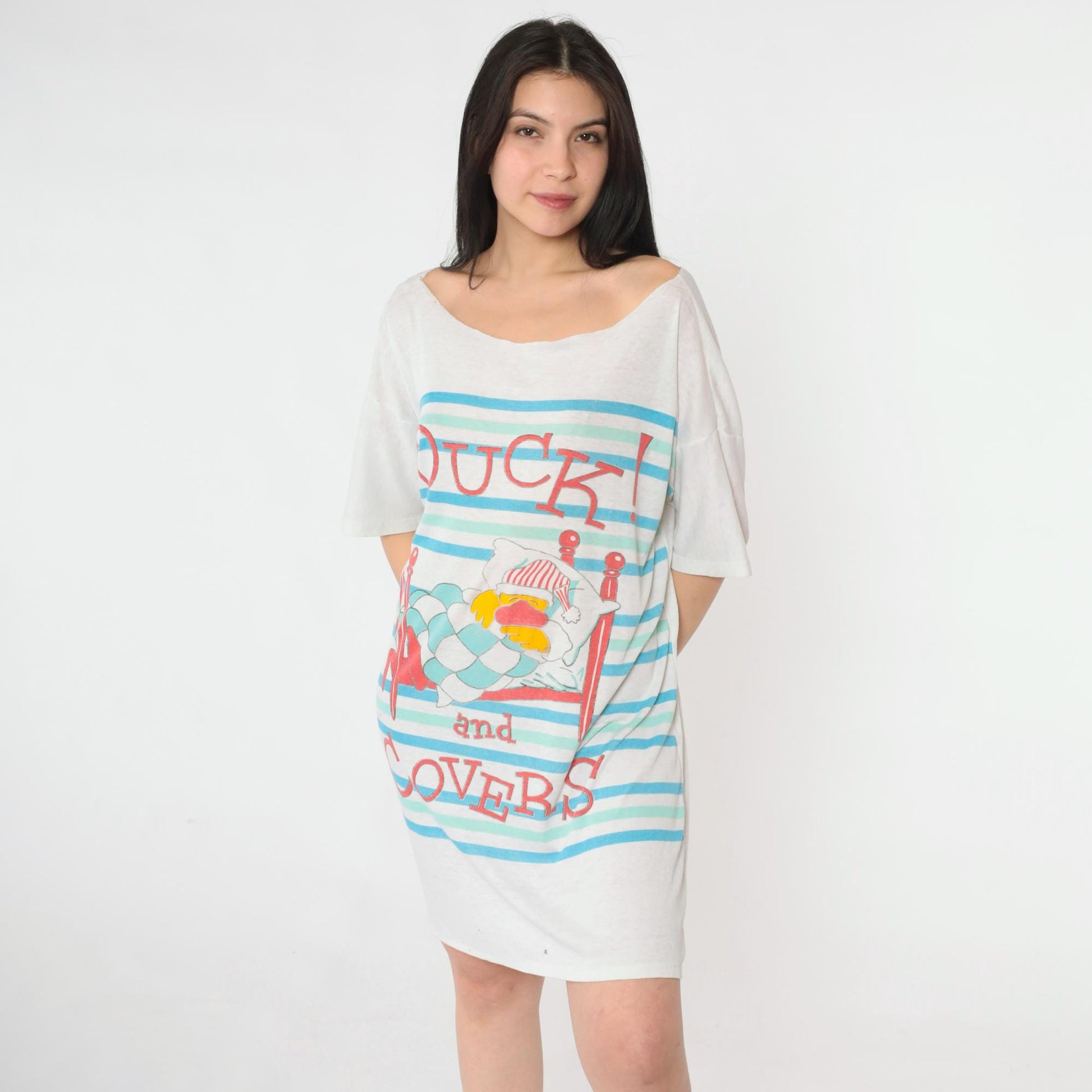 80s Duck and Covers Nightshirt Striped Cotton Sleep Tee Graphic Dress
