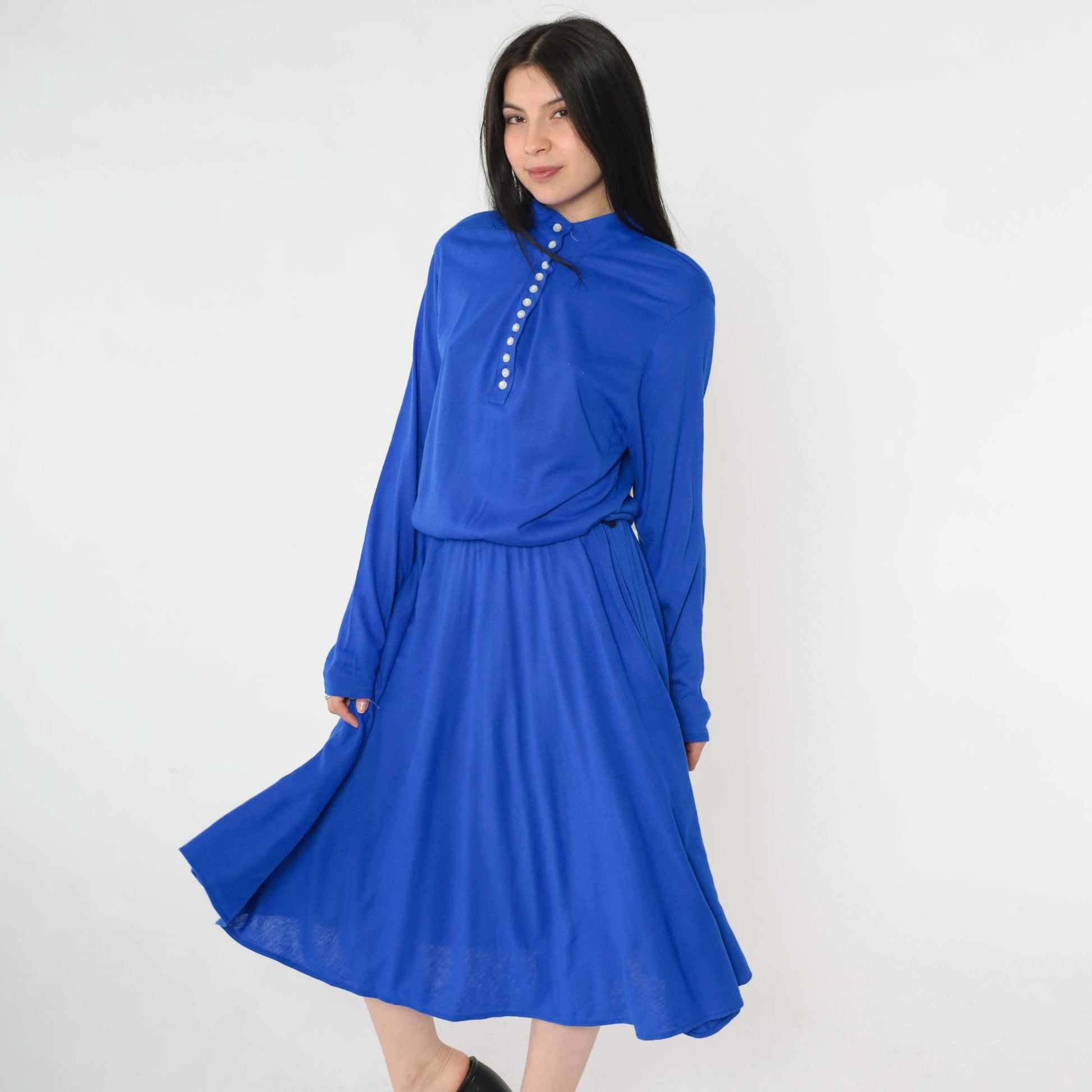 80s Royal Blue Midi Shirtdress Button-Up High Elastic Waist Long Sleeve Medium