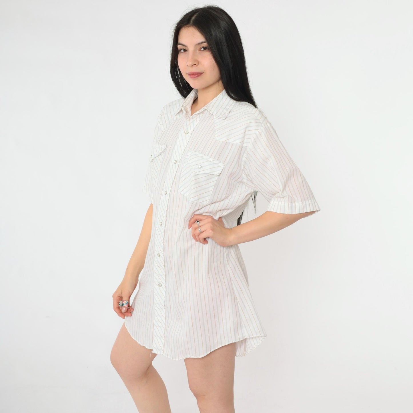 80s Corral West Ranchwear Pearl Snap Western Shirt Striped White Large