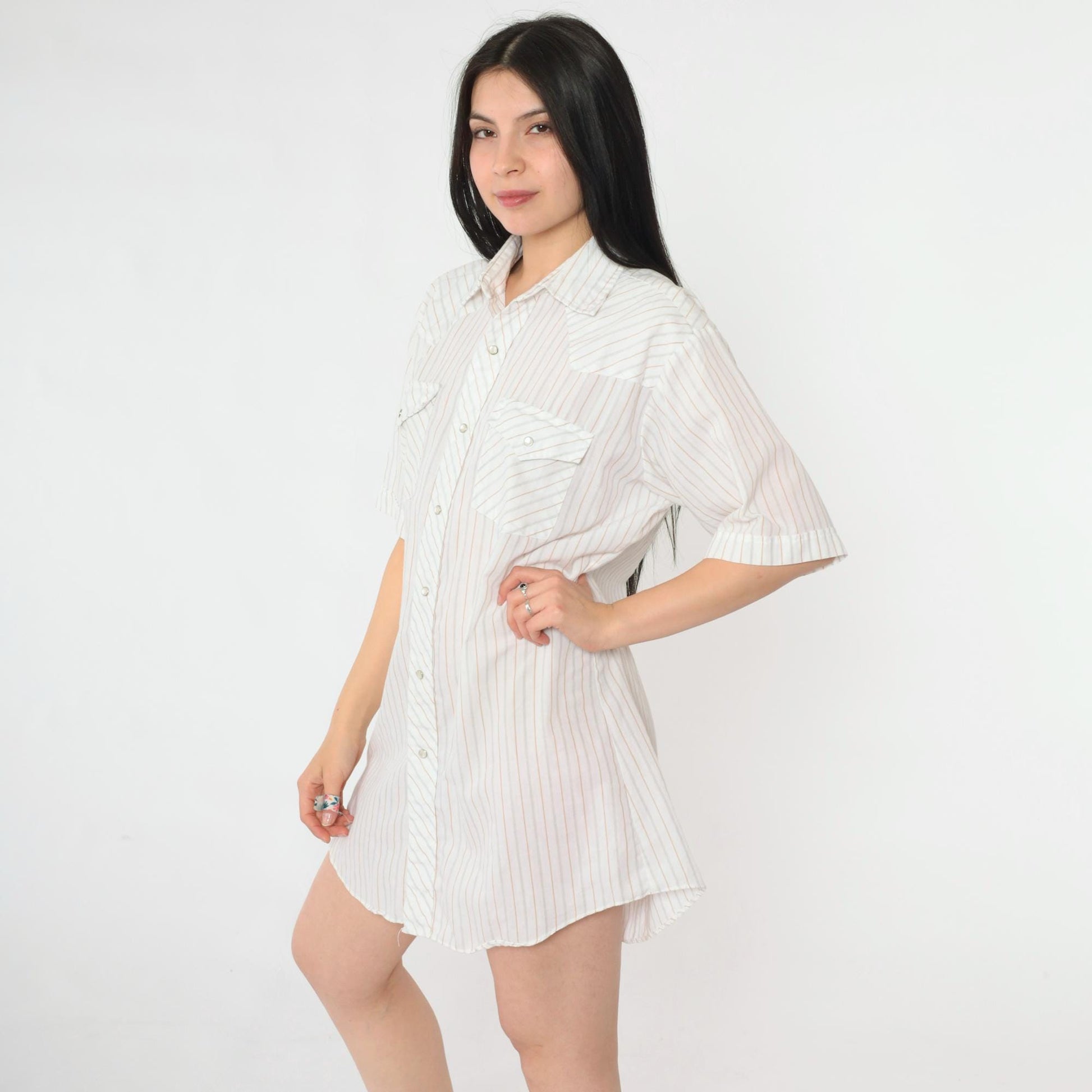 80s Corral West Ranchwear Pearl Snap Western Shirt Striped White Large