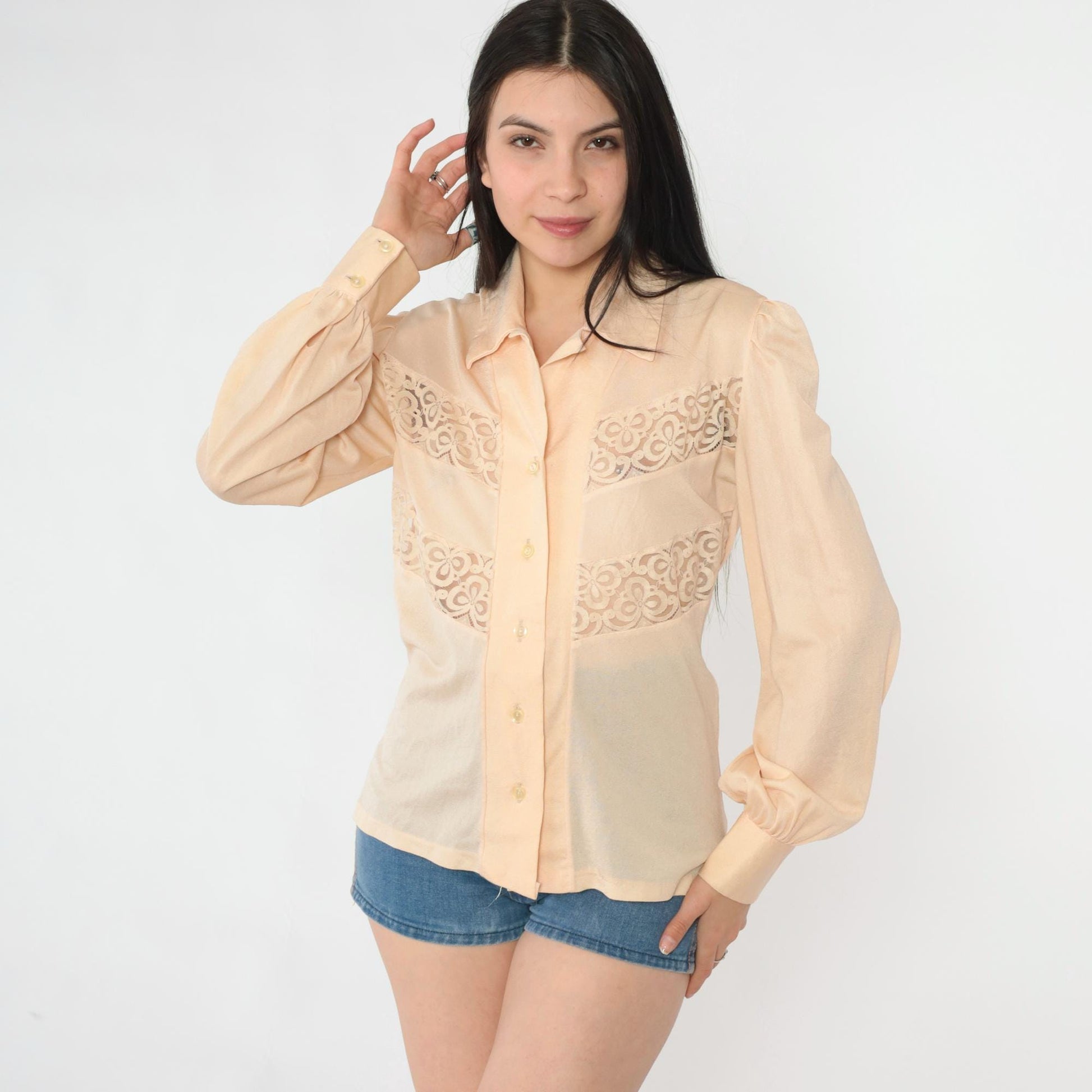 70s Peach Lace Blouse Puff Sleeve Button Up Sheer Cutwork Top Medium M
