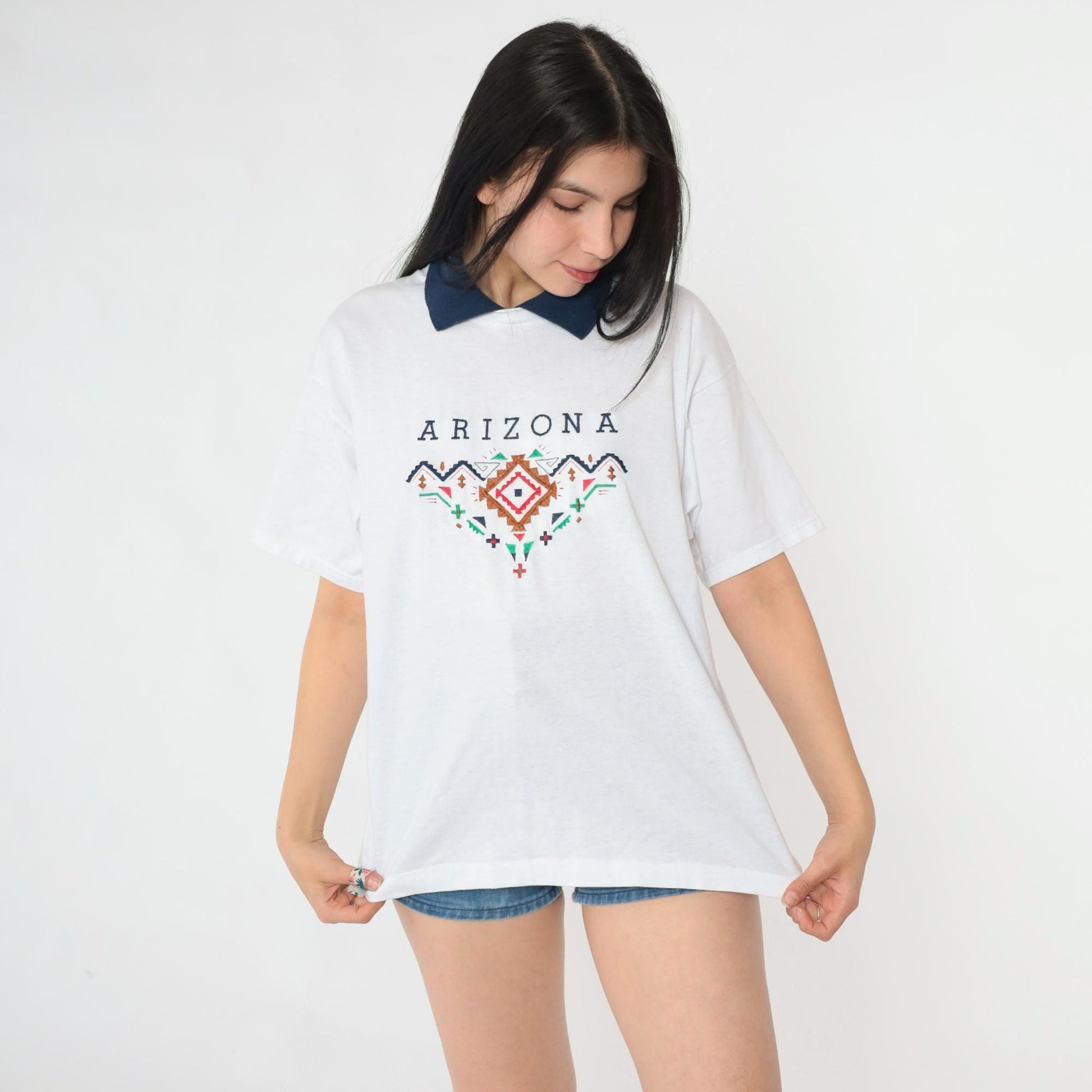 Y2K Arizona Embroidered Graphic T-Shirt White Collared Tee Large L