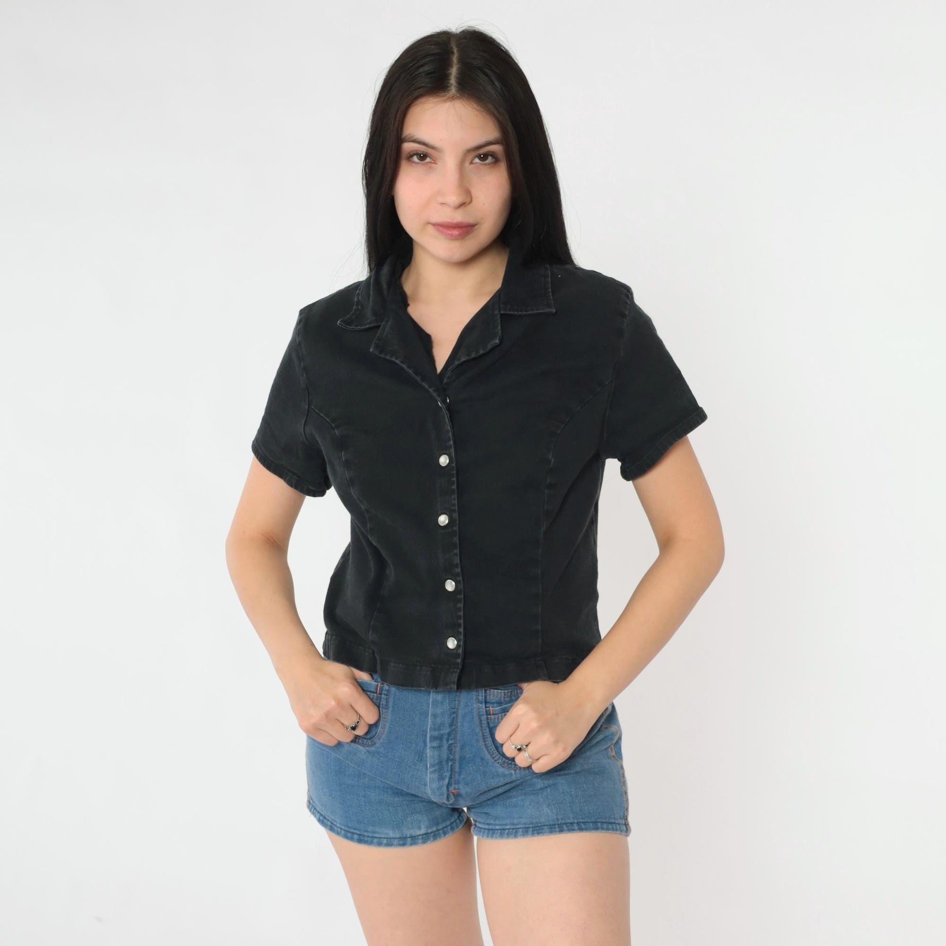 90s Black Pearl Snap Button Blouse Short Sleeve Fitted Crop Small S