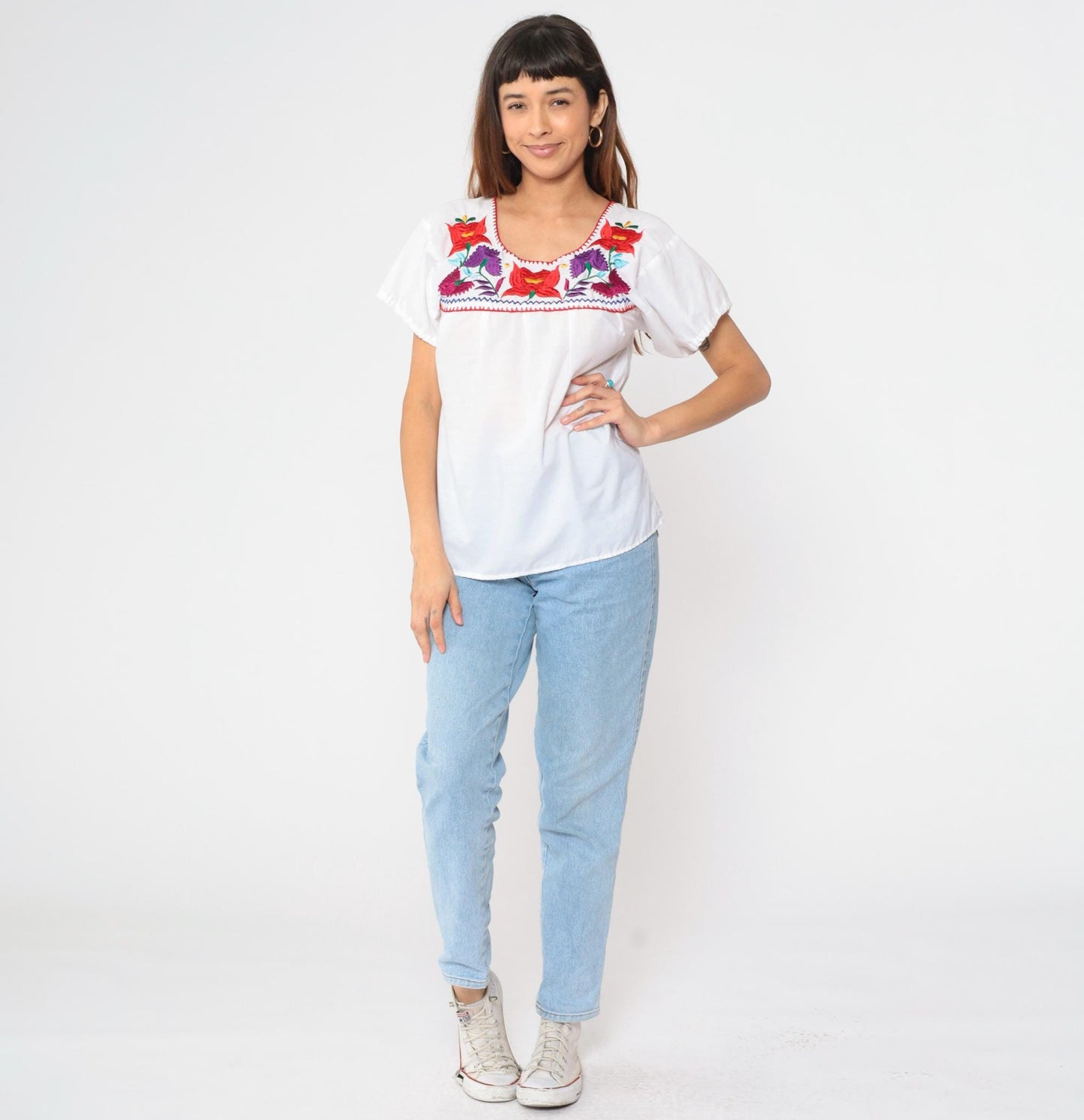 90s Mexican Floral Embroidered Blouse White Short Sleeve Small