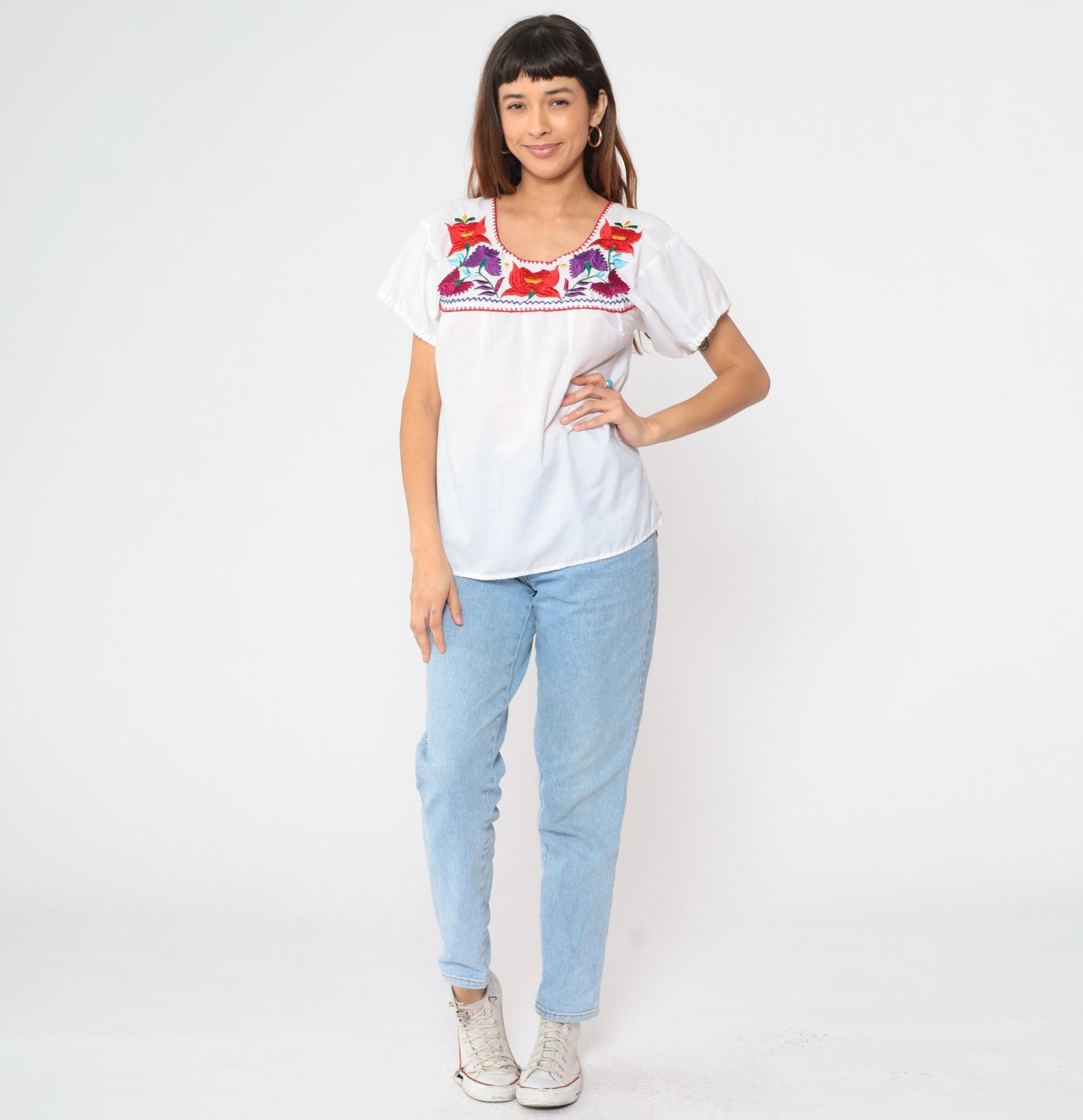 90s Mexican Floral Embroidered Blouse White Short Sleeve Small