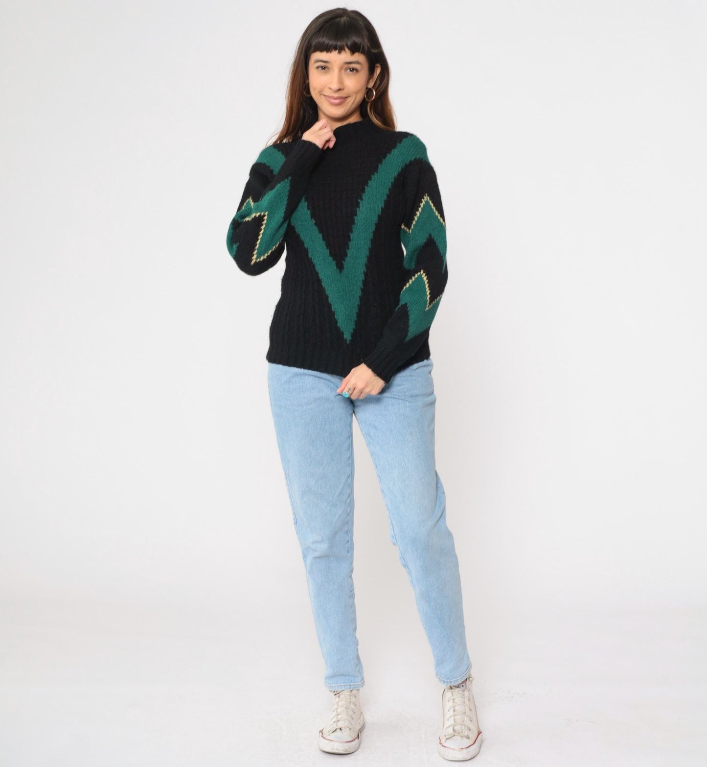 80s Skyr Sportswear Wool Sweater Chevron Zigzag Mock Neck Black Extra Small