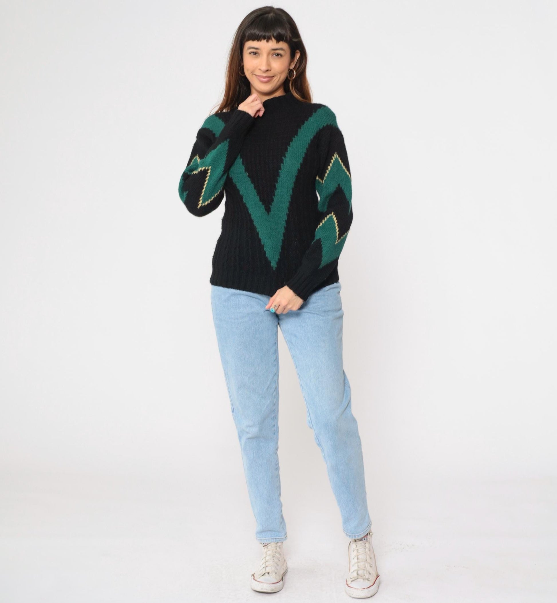 80s Skyr Sportswear Wool Sweater Chevron Zigzag Mock Neck Black Extra Small