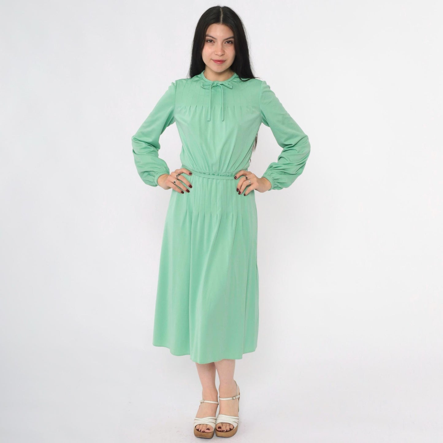 70s Mint Green Midi Dress Tie Neck Pin Tuck Long Sleeve Small