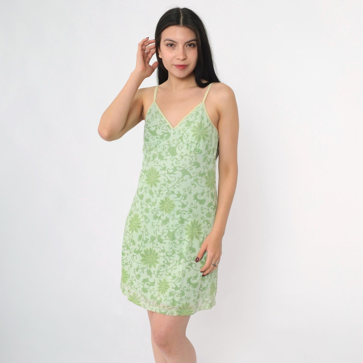 Y2K Green Floral Mesh Mini Dress Spaghetti Strap Empire Waist Small