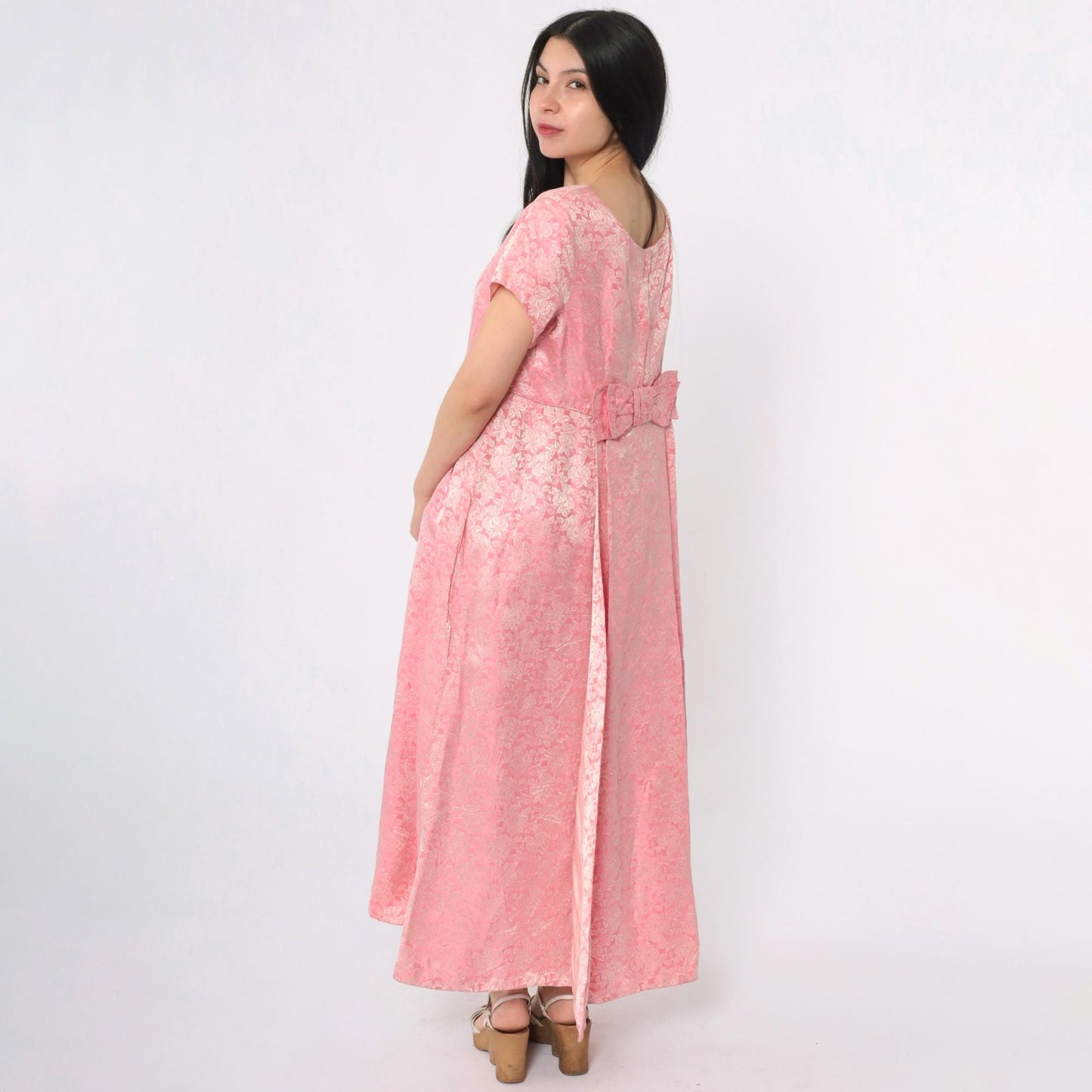 1960s Pink Floral Brocade Maxi Dress Bow Back High Waist Short Sleeve Medium