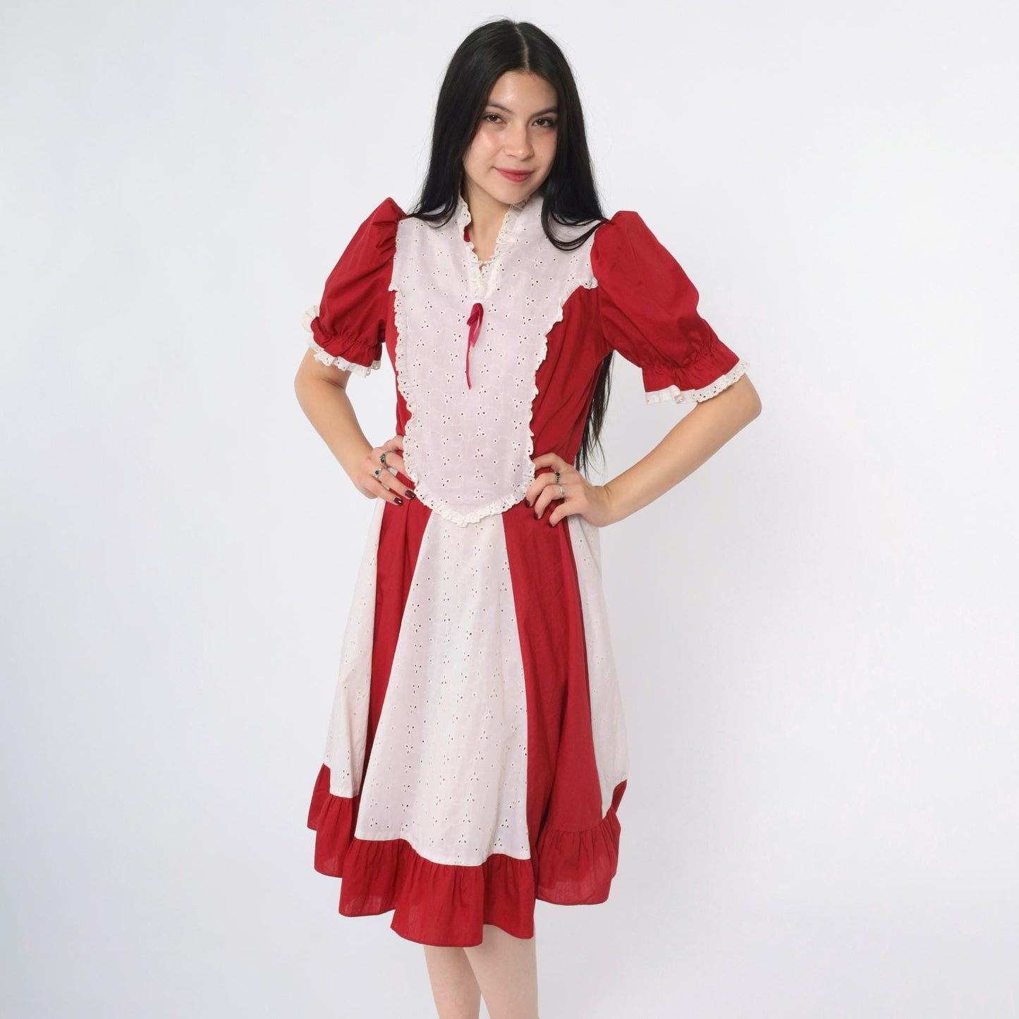 70s Burgundy Eyelet Lace Prairie Dress Puff Sleeve Midi High Waist Small