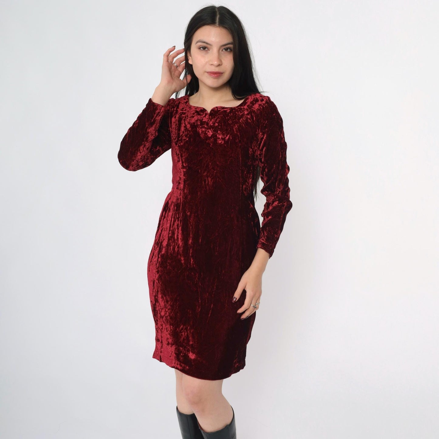 80s Burgundy Velvet Puff Sleeve Dress Sweetheart Neckline Mini Extra Small