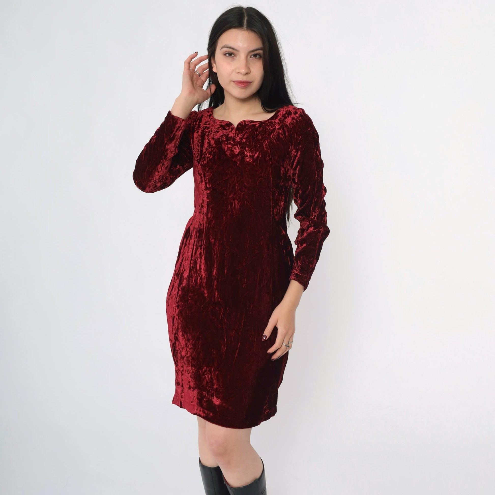 80s Burgundy Velvet Puff Sleeve Dress Sweetheart Neckline Mini Extra Small