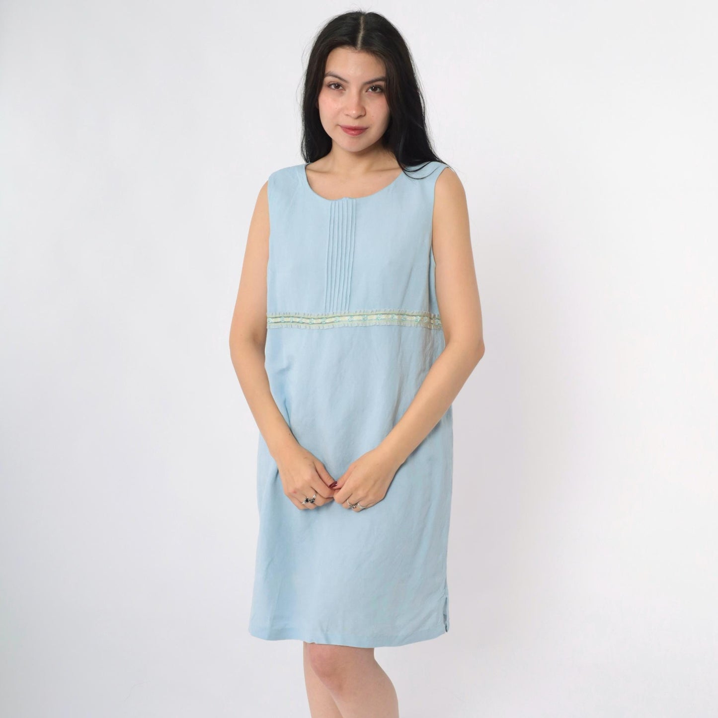 Y2K Coldwater Creek Powder Blue Linen Shift Dress Pintuck Ribbon Trim Petite 12
