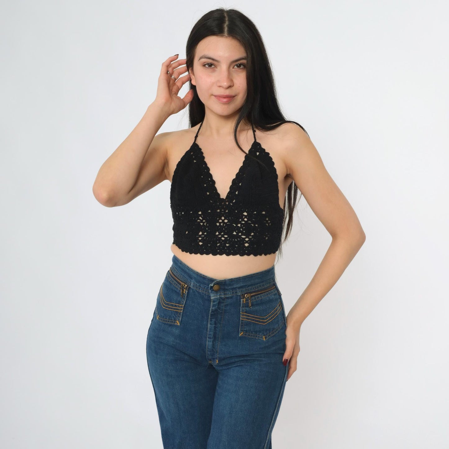 Y2K Black Crochet Halter Crop Top Tie Back V-Neck Knit Small