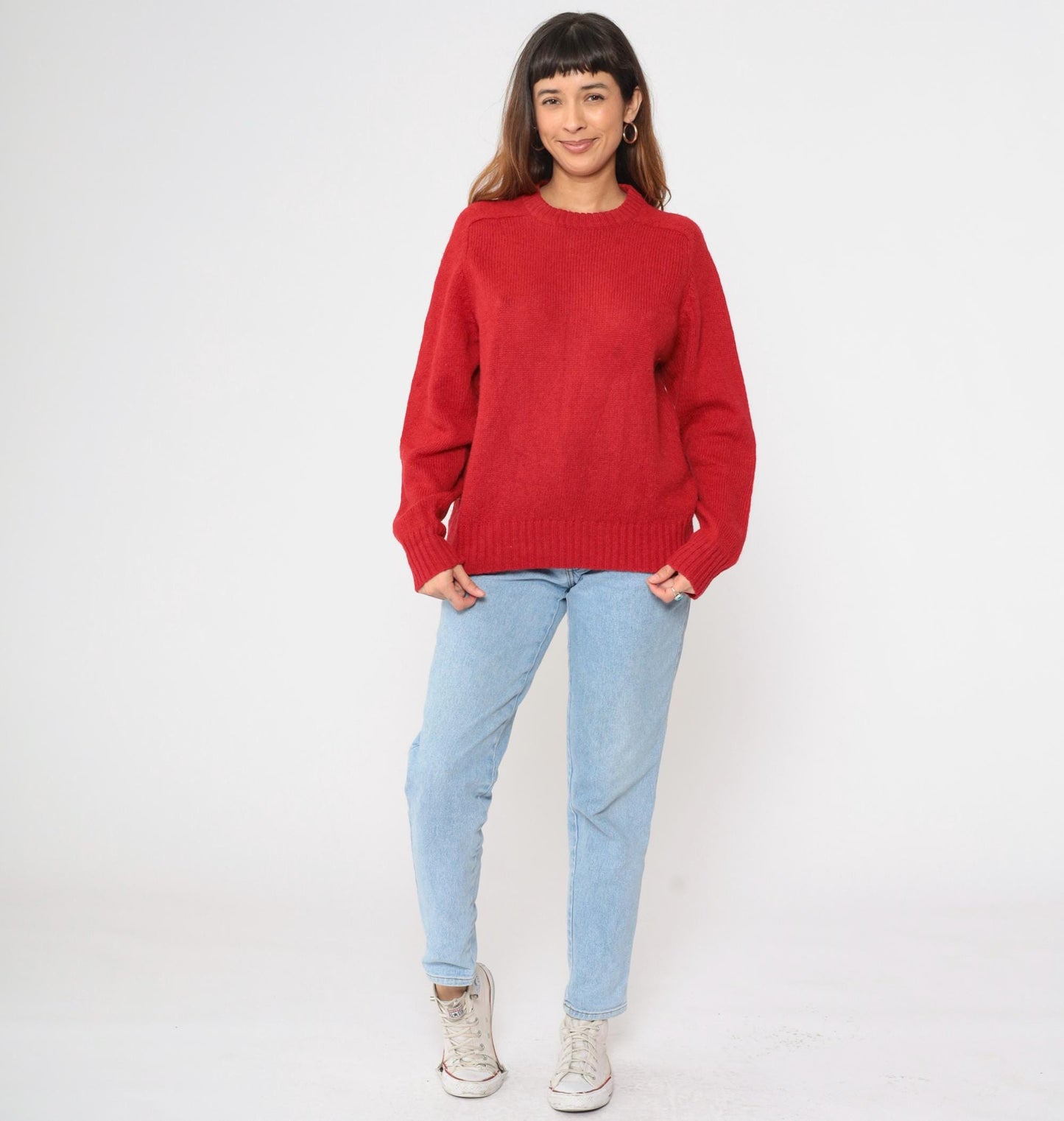 80s Red Wool Crewneck Sweater Plain Knit Pullover Medium M