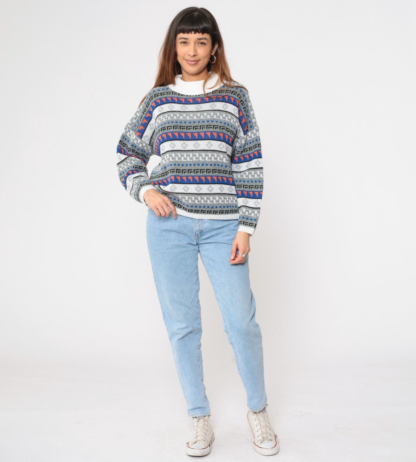 80s Geometric Striped Knit Sweater White Blue Mock Neck Pullover Medium