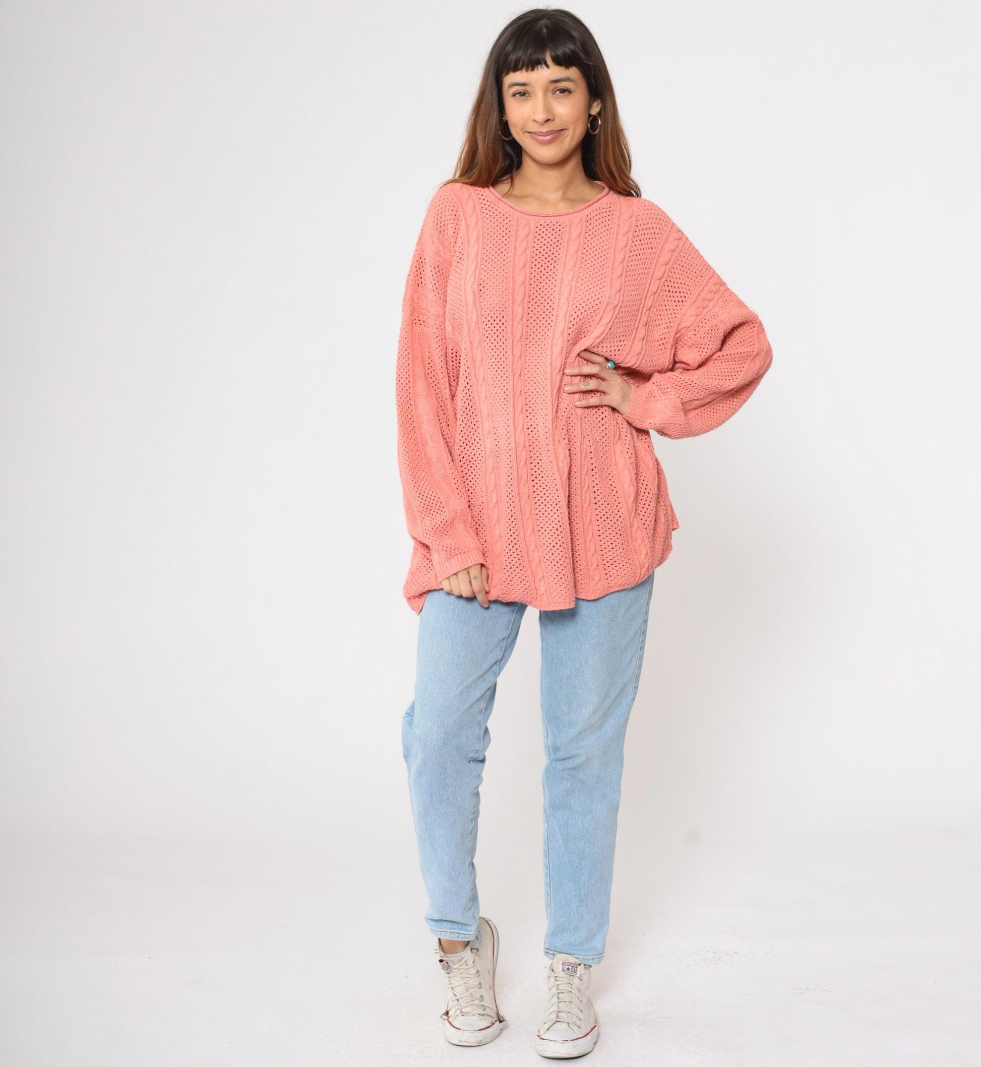 90s Metallic Pink Cable Knit Sweater Openwork Pullover Plus Size XXL
