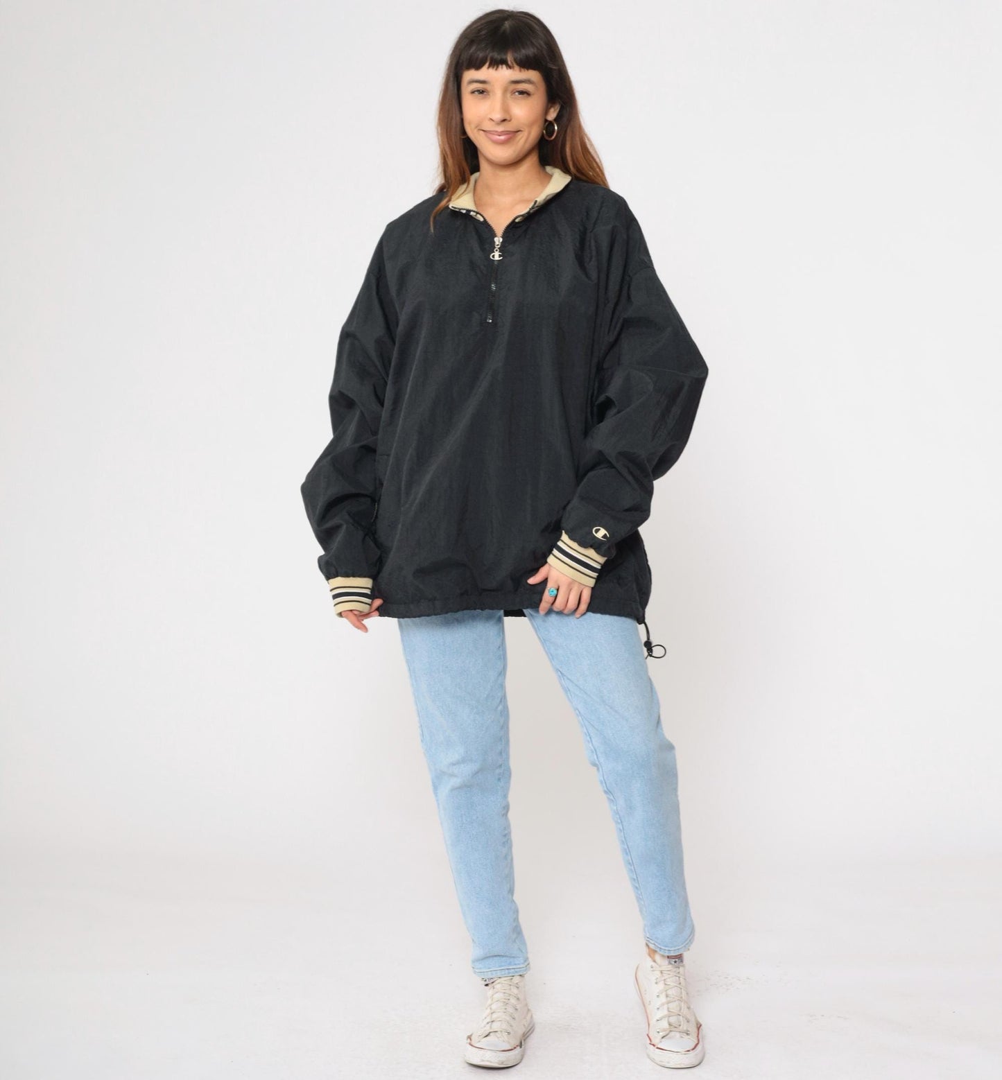 Y2K Champion Windbreaker Jacket Black Nylon Quarter Zip Pullover Extra Extra Large XXL