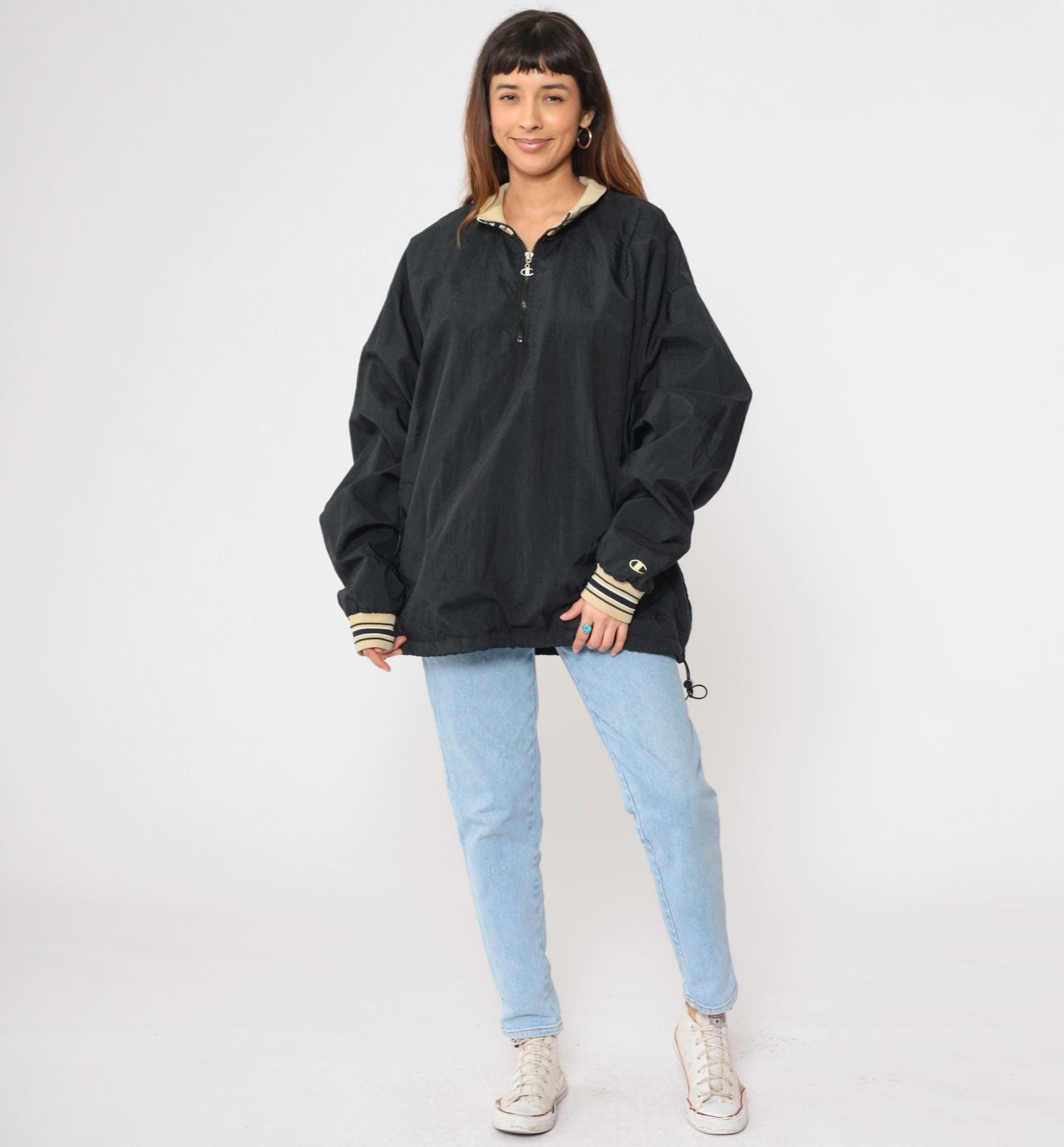 Y2K Champion Windbreaker Jacket Black Nylon Quarter Zip Pullover Extra Extra Large XXL