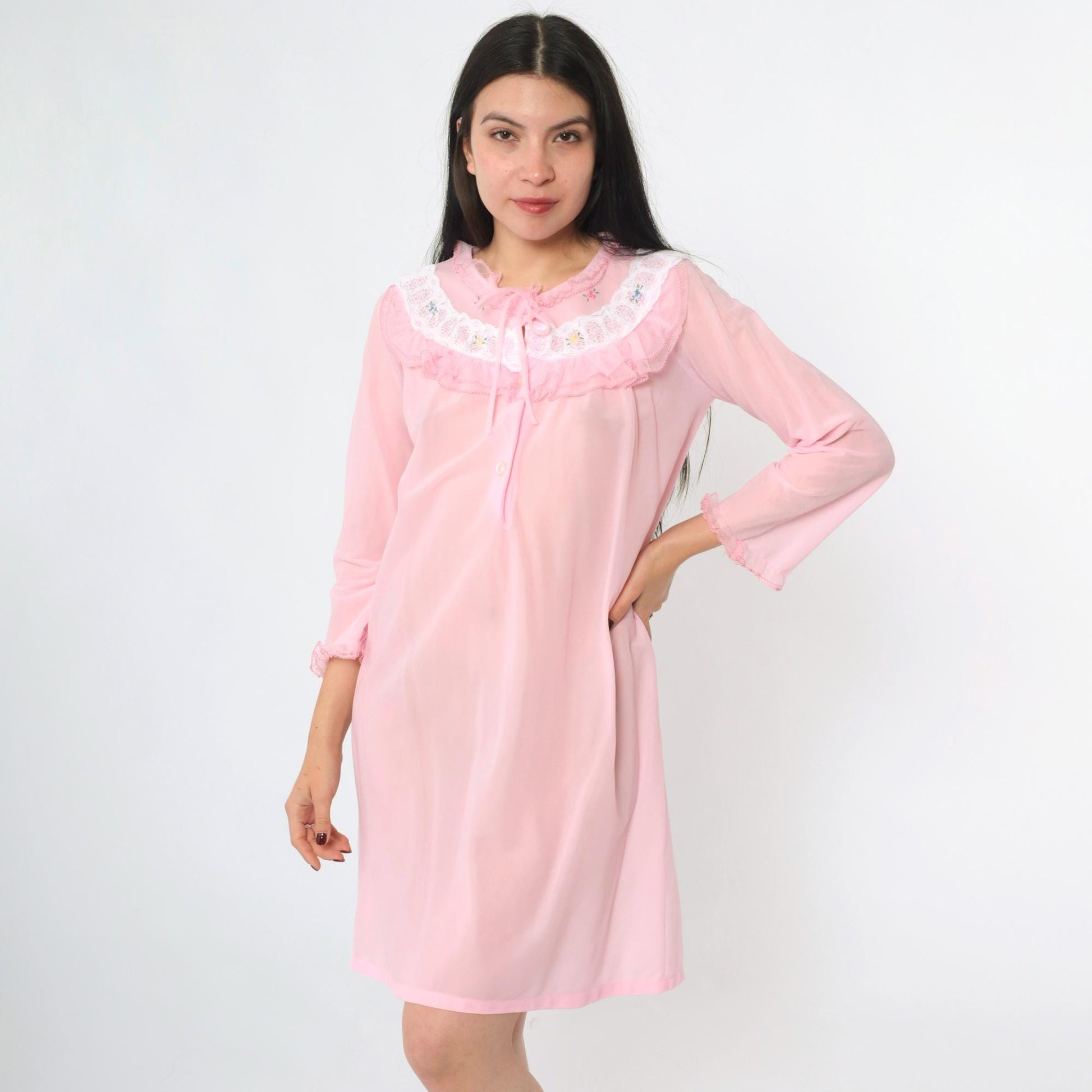 70s Pink Nylon Nightgown Ruffled Lace Collar Floral Embroidery Long Sleeve Small