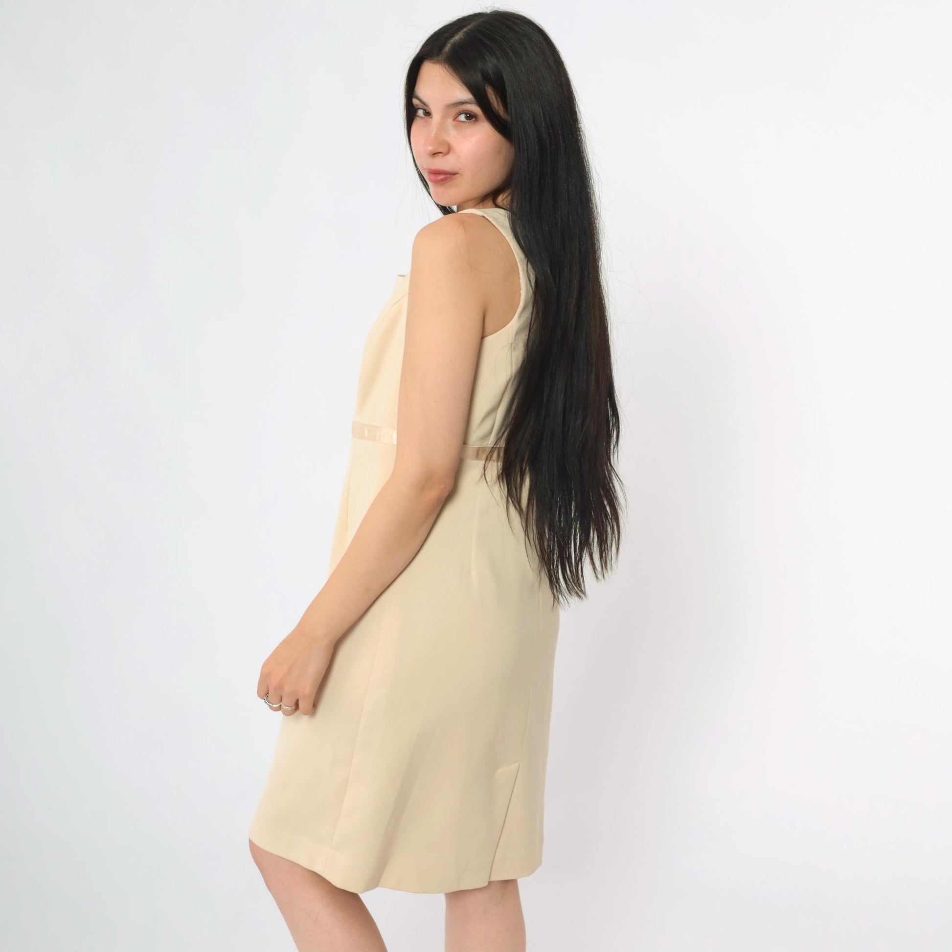 00s Amanda Smith Beige Mini Dress Satin Bow Empire Waist Scoop Neck Small
