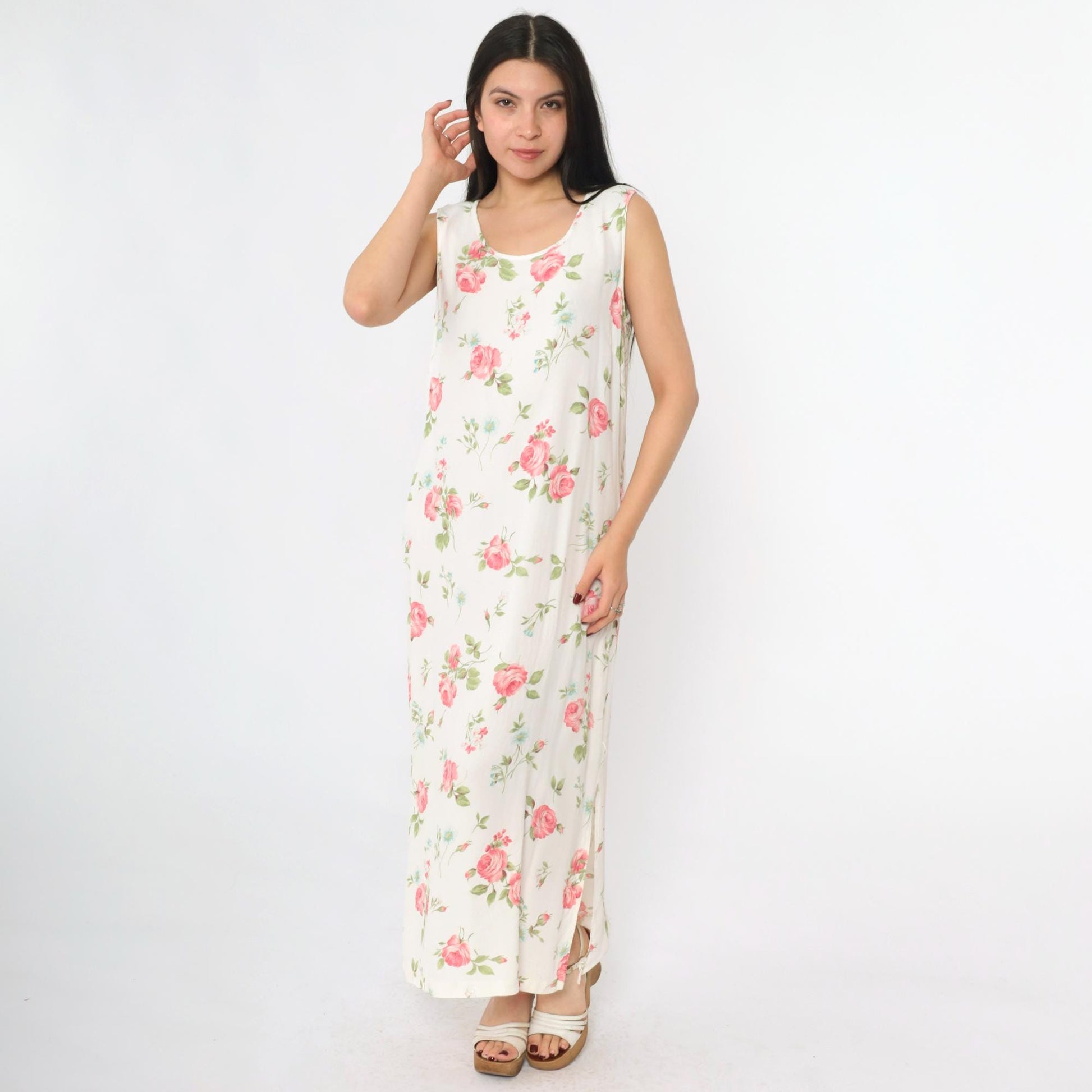 90s Pink Floral White Maxi Dress Sleeveless Scoop Neck Side Slit Medium