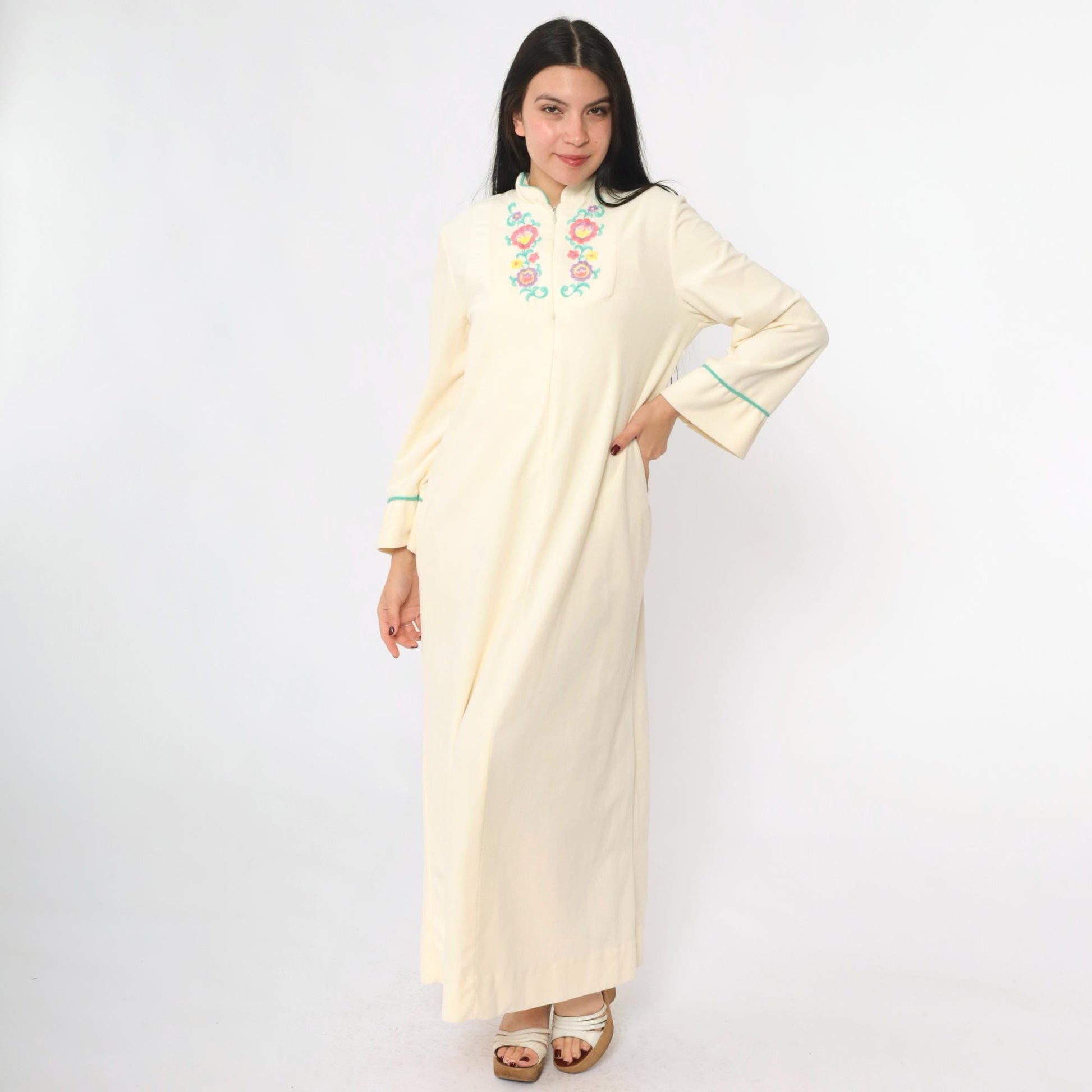 80s Cream Velour Lounge Dress Floral Embroidery Zip Front Ankle Length Small