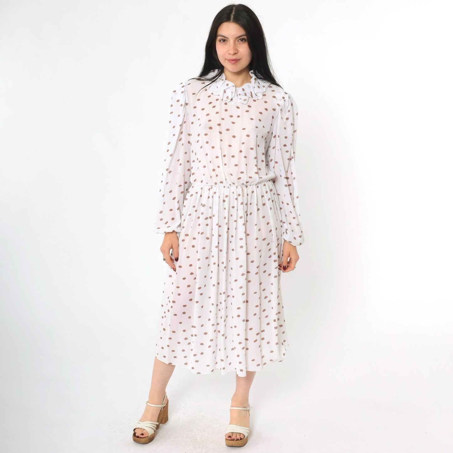 80s White Polka Dot Midi Dress Puff Sleeve Ruffled Collar High Waist Medium