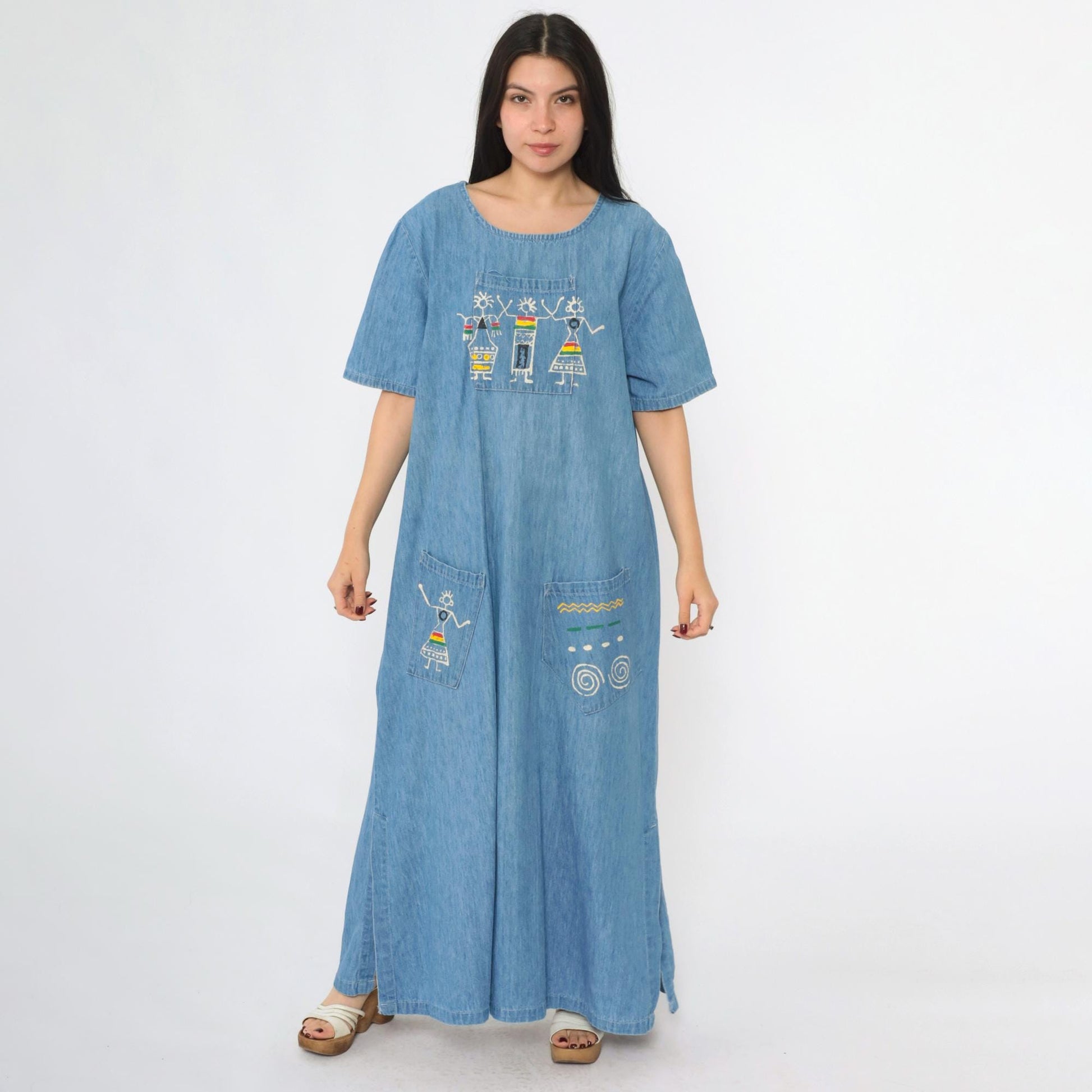 90s Over Charge Blue Denim Maxi Dress Reggae Graphic Short Sleeve Medium M