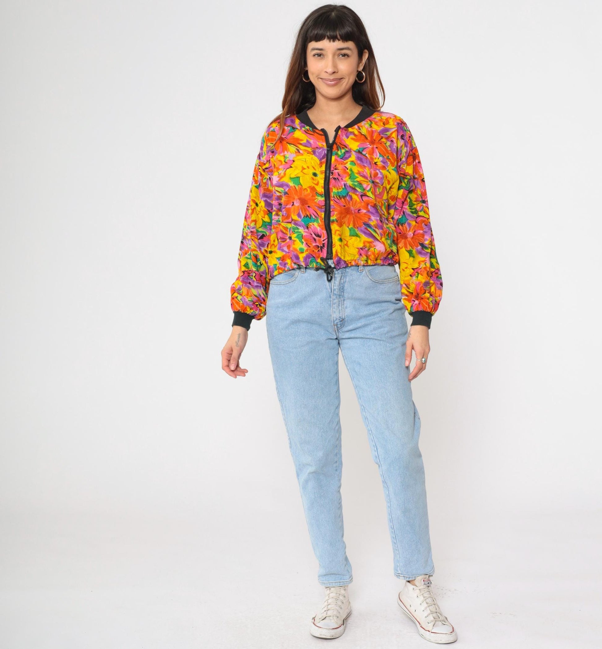 90s Floral Abstract Bomber Jacket Windbreaker Cropped Zip Drawstring Small