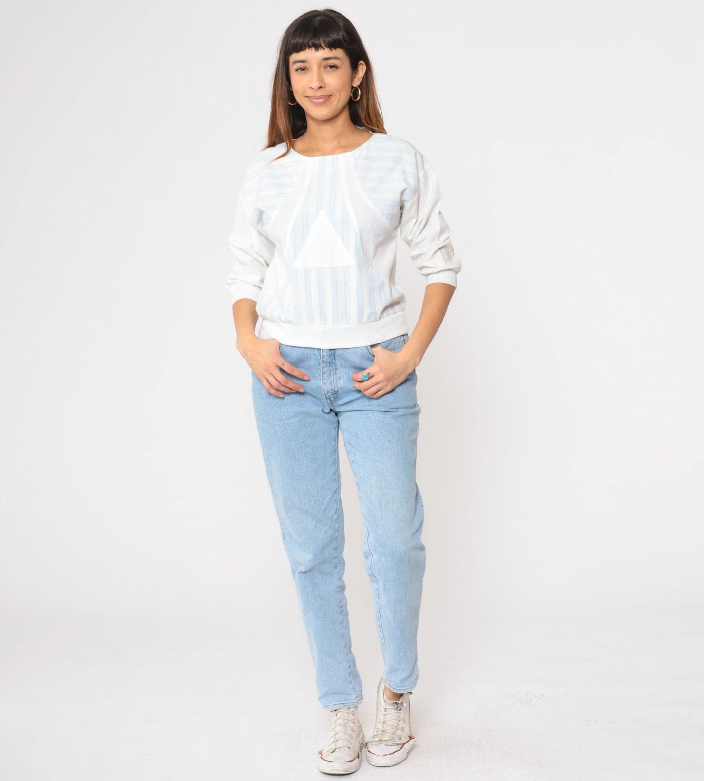 80s Striped T-Shirt Baby Blue White Triangle Graphic Half Sleeve Small