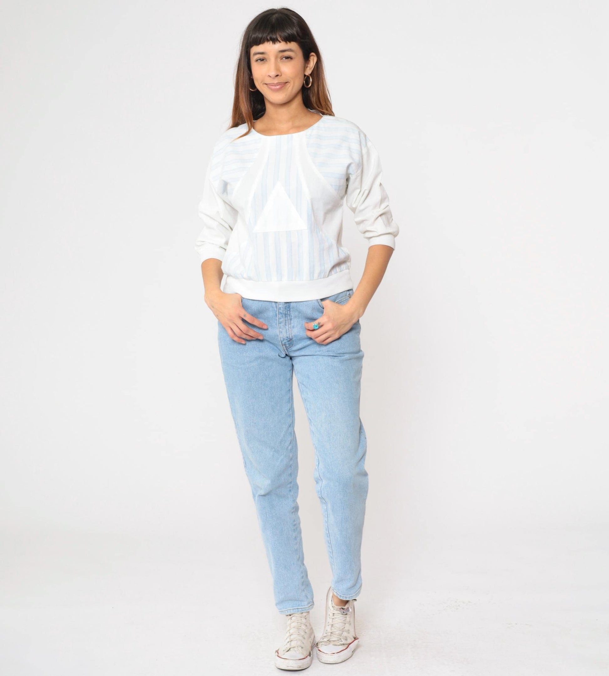 80s Striped T-Shirt Baby Blue White Triangle Graphic Half Sleeve Small
